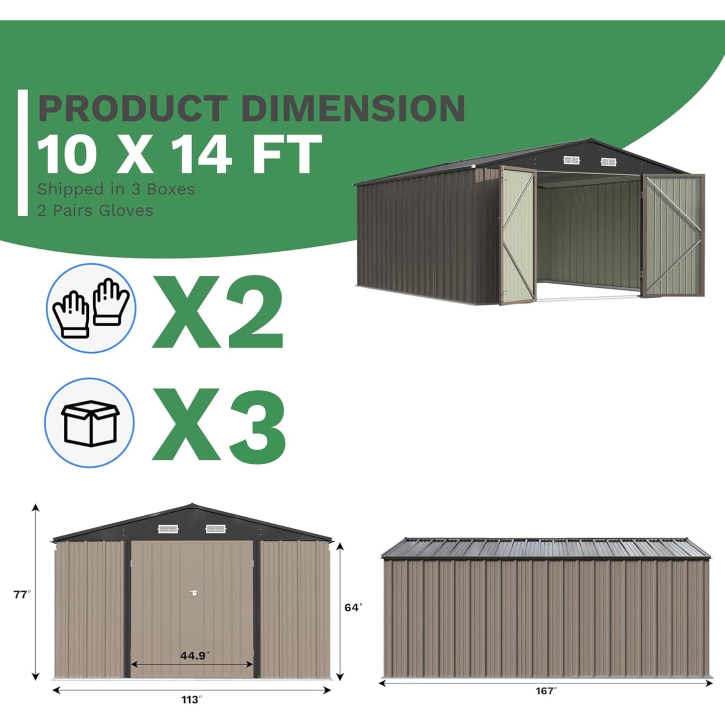 Patiowell 10x14 FT Storage Shed, Outdoor Metal Steel Garden Shed with Lockable Door and Sloping Roof, Large Outside Utility Tool Sheds for Backyard Garden Patio, Brown