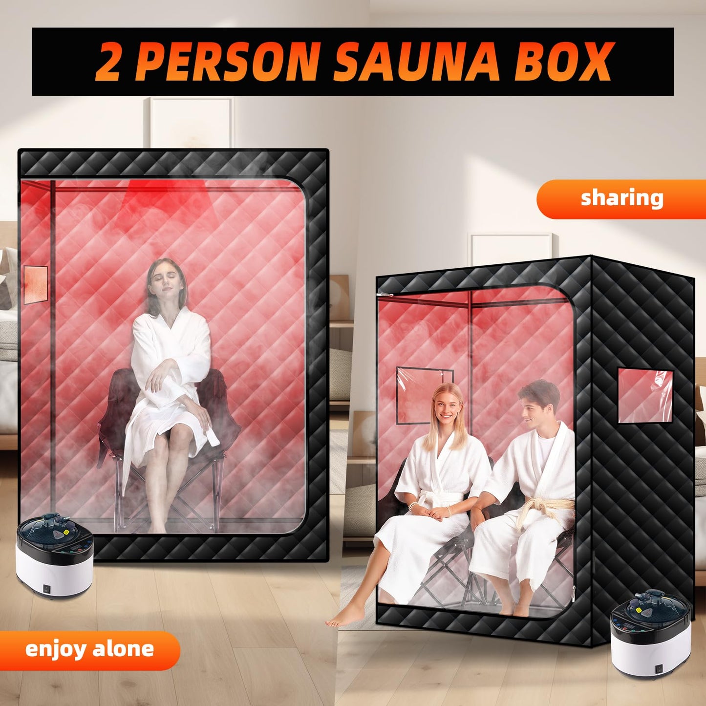 amocane 2 Person Portable Steam Sauna, 660nm Red Light Therapy Sauna with Remote Control, Full Body Infrared Saunas Tent with 4L Steamer & 2 Chairs Full Size Sauna for Home Spa