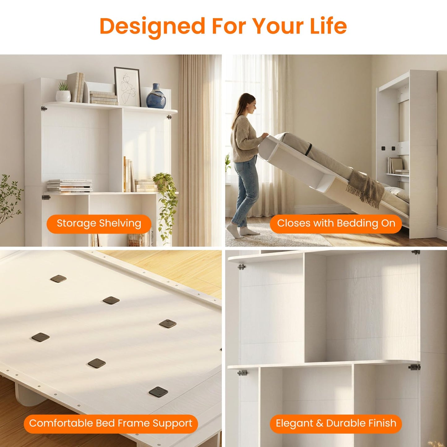 CECER Queen Size Wall Murphy Bed with Storage Shelf，Queen Murphy Cabinet Bed with Bookshelf，Space-Saving Wall Beds Cabinet Beds for Guest Room/Bedroom-White
