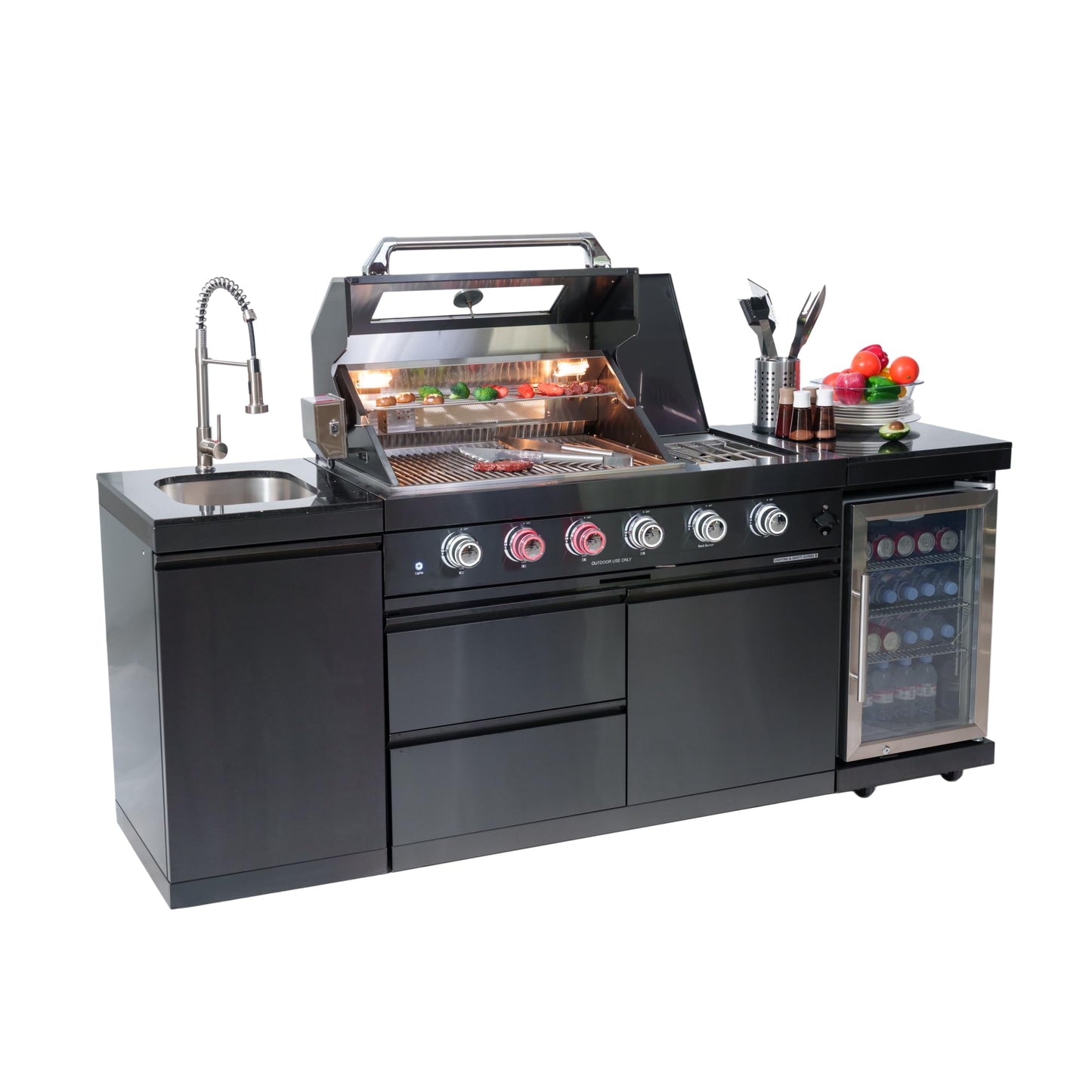 KEIKI Outdoor Kitchen Island Gas Grill System 4 Burner BBQ Island with Rotisserie Kit, Integrated Sink, Wine Cooler & Granite Countertop
