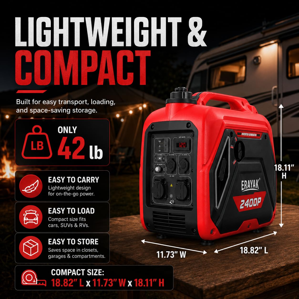ERAYAK 2400W Portable Inverter Generator for Home Use, Super Quiet Small Generator for Camping Outdoor Emergency Power Backup, Gas Powered Engine, EPA, ECO Mode