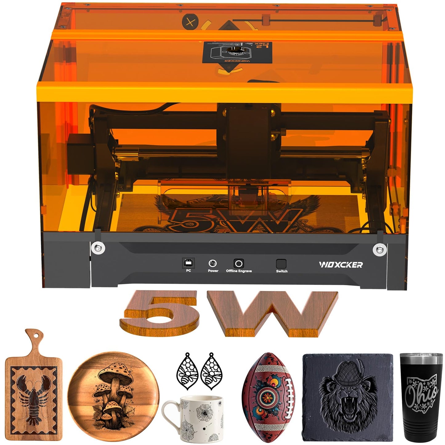 Laser Engraving Machine for Beginners, Woxcker L2 Flex 5W Enclosure Pre-Assemble Laser Engraver 0.01mm High Precision for Coated Metal, Wood, Acrylic, Leather, Glass (Class 1 Output 5000mW）