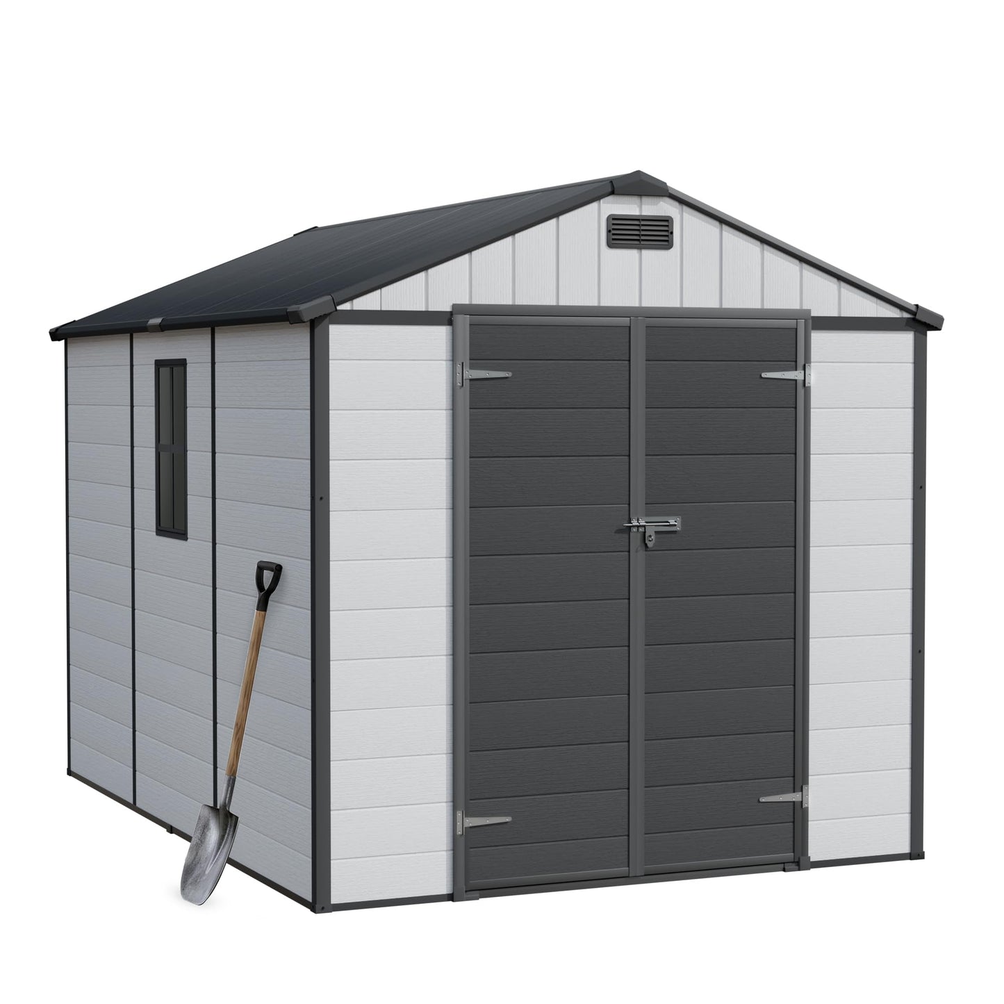 Greesum 8x10FT Resin Outdoor Storage Shed with Floor and Windows, All Weather Plastic Shed with Lockable Door & Vents for Garden, Backyard, Lawn, Light Gray
