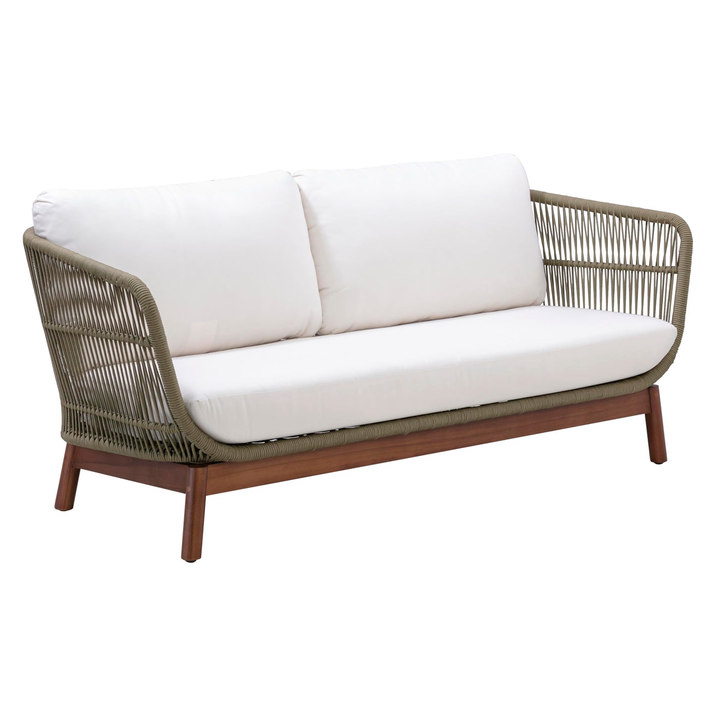 Teamson Home 4-Piece Outdoor Patio Furniture Set with Handwoven Rope, Acacia Wood Coffee Table, Weather-Resistant Cushions, and Aluminum Frame – Natural Brown & Sage Green
