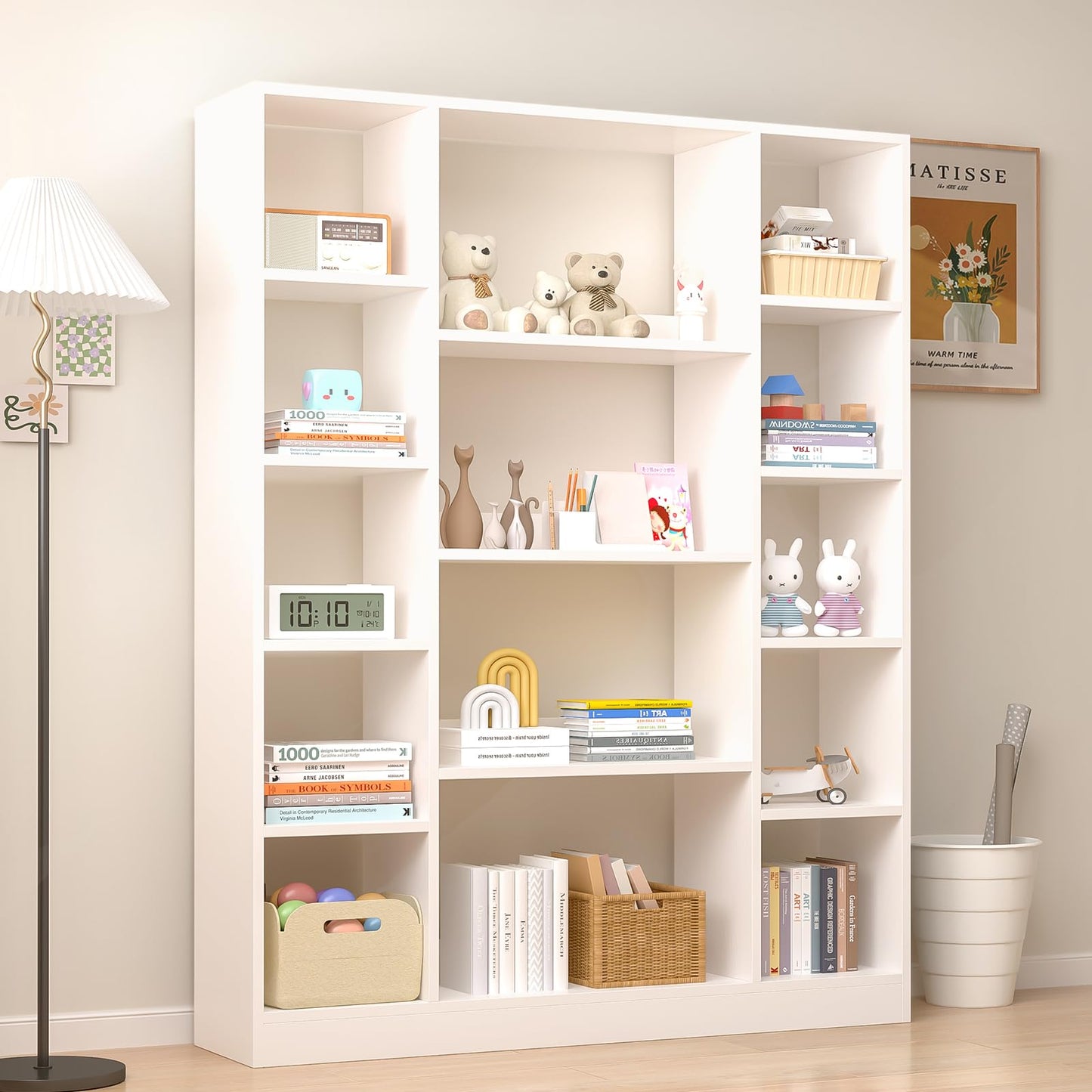 OSCHF Cube Storage Bookcase with Base - Large Wooden Bookshelf with 10 Open Cubes and 4 Shelves for Home and Office, Freestanding Organizer, White