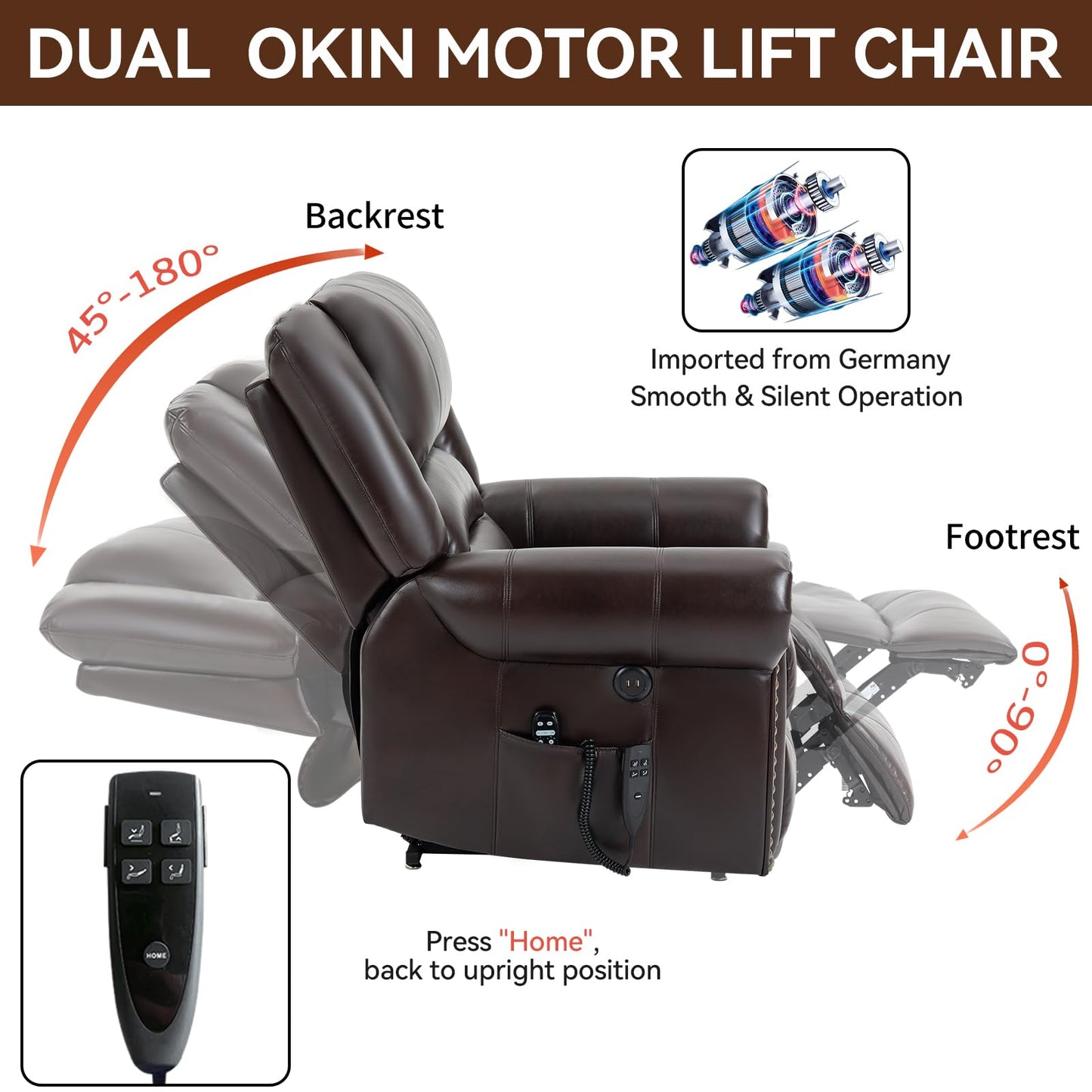 KEIKI Oversized Power Lift Recliner Rocking Chair for Adults, Faux Leather Mid Century Modern Accent Chair with Back Message & Heat USB Port, Adjustable Home Theater Seating for Living, Antique Brown