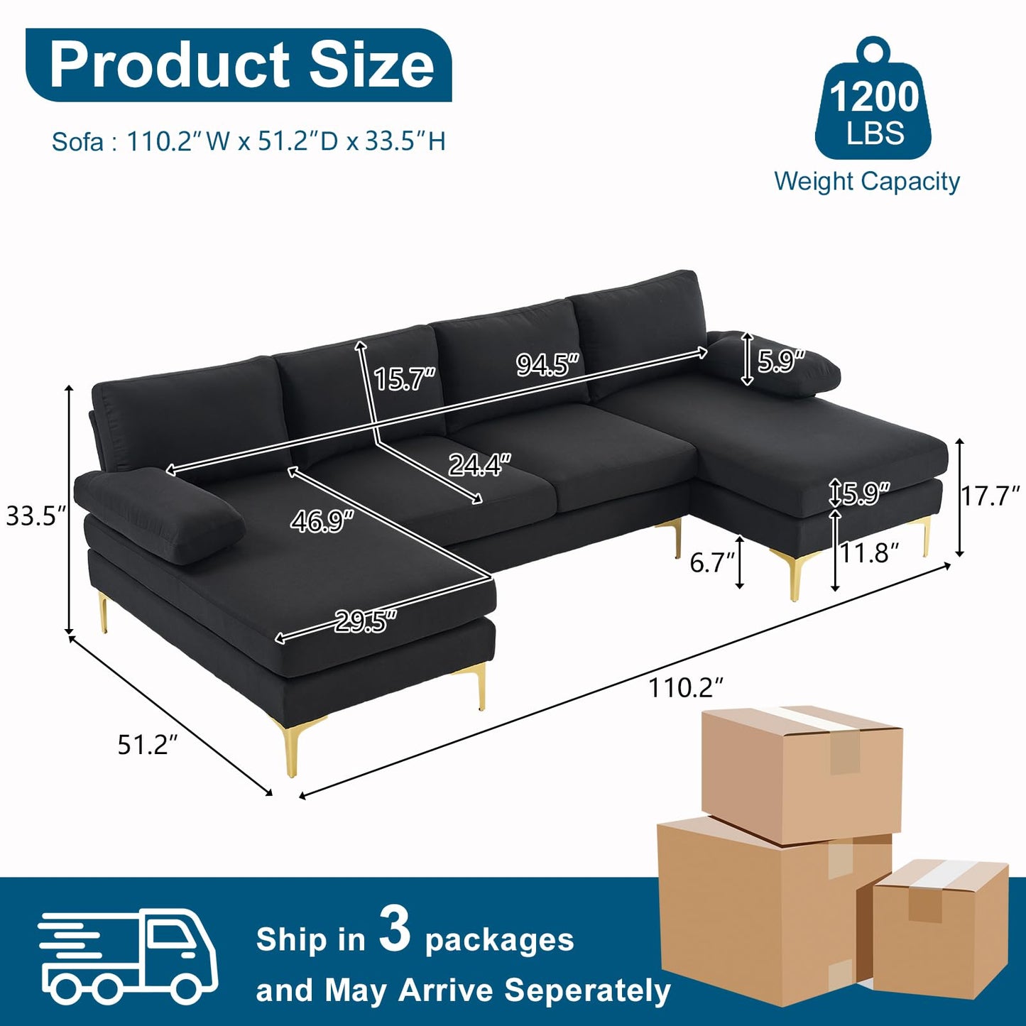 VINGLI 110" Modern Sectional Couch with 51" D Double Chaise, Black Deep Seat U Shaped Couch with Removable Pillows & Metal Legs, Comfy 4-Seat Sofas for Living Room, Linen Fabric