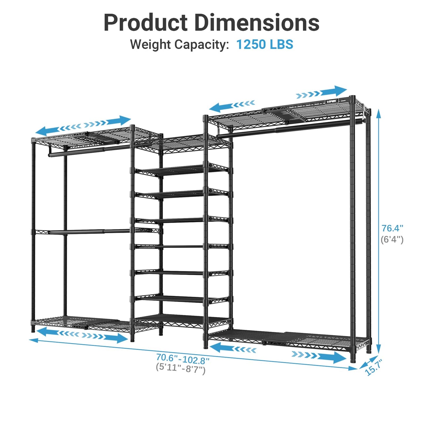 VIPEK S3X Expandable Clothes Rack, Industrial Pipe Closet System Adjustable from 5'11" to 8'7" with 6-Tier Shoe Shelves, Heavy Duty Garment Rack, Space Saving Wall Closet Organizer
