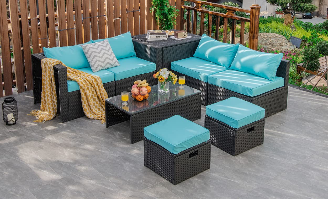 Tangkula 8 Pieces Patio Furniture Set with Waterproof Cover, Patiojoy Space Saving Outdoor PE Rattan Set with Storage Box, Tempered Glass Table, 2 Ottomans, 2 Armless Sofas & Corner Sofas