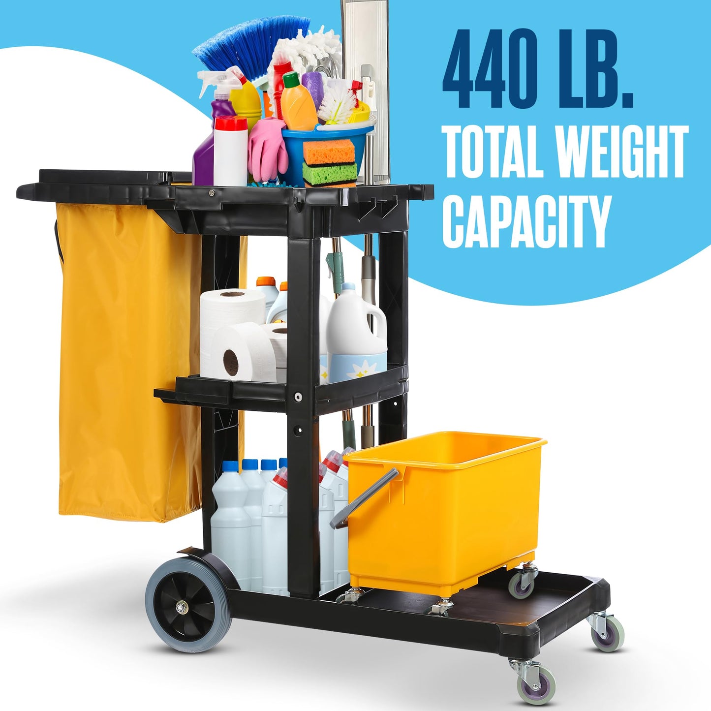 Houseables Cleaning Cart, Janitorial Cart, Cleaning Caddy with Wheels, for Housekeeping, Janitor, Custodian, House Keeping, Maintenance, Rolling Supply Organizer, Custodial, Maid, Commercial, 440 LB