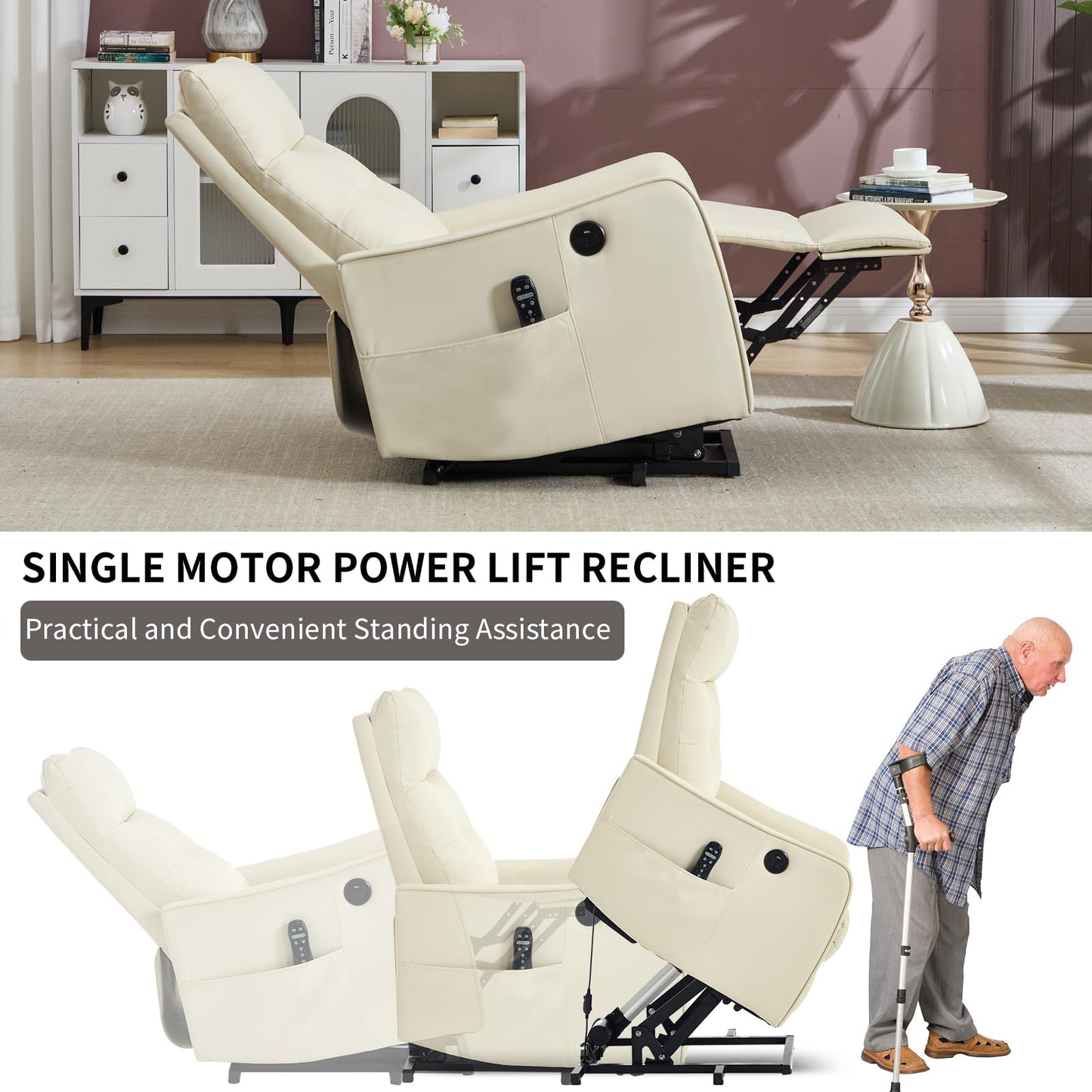 KEIKI Single Motor Power Lift Recliner Chair with Massage and Heat for Living Room, Synthetic Leather Upholstery with USB Charging Port and Side Pockets for Seniors