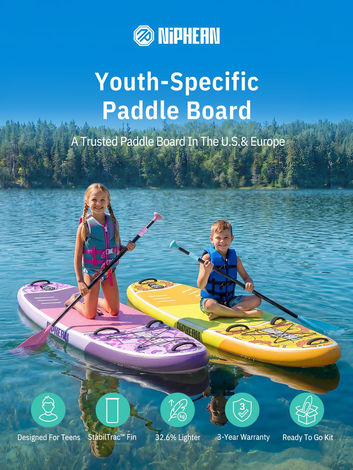 Niphean（Ultra-Light） Inflatable Paddle Board with StabilTrac Fin and Durable SUP Accessories, 10' Stand Up Paddle Boards for Adults & Youth, Versatile Yoga Paddle Board, Gift Ideas-Sunny Lion - Kids
