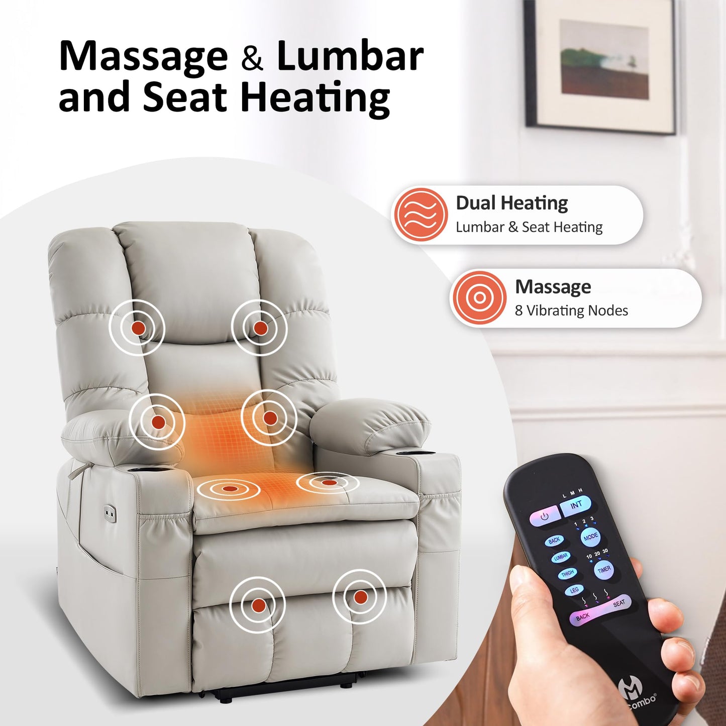 MCombo Triple Motor Power Lift Recliner Chair with Massage and Dual Heating, Adjustable Headrest for Tall Elderly People, Faux Leather 7634 (Light Grey, Large)
