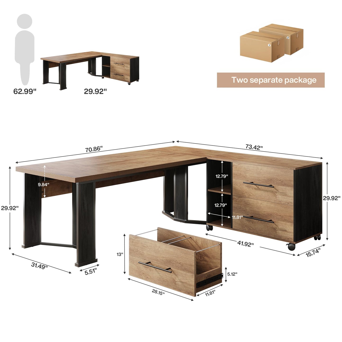 Tribesigns 70.86" Executive Desk with Mobile File Cabinet, Large L Shaped Computer Office Desk with 2 Drawers and Storage Shelves, Business Furniture Desk Workstation for Home Office (Light Brown)