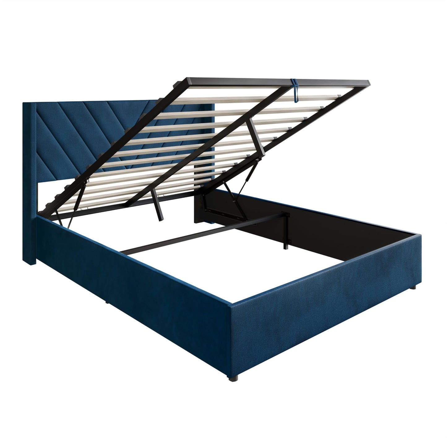 Castle Place Queen Wingback Velvet Upholstered Lift-Up Storage Platform Bed with Hidden Storage and V-Shape Stitching, Navy Blue