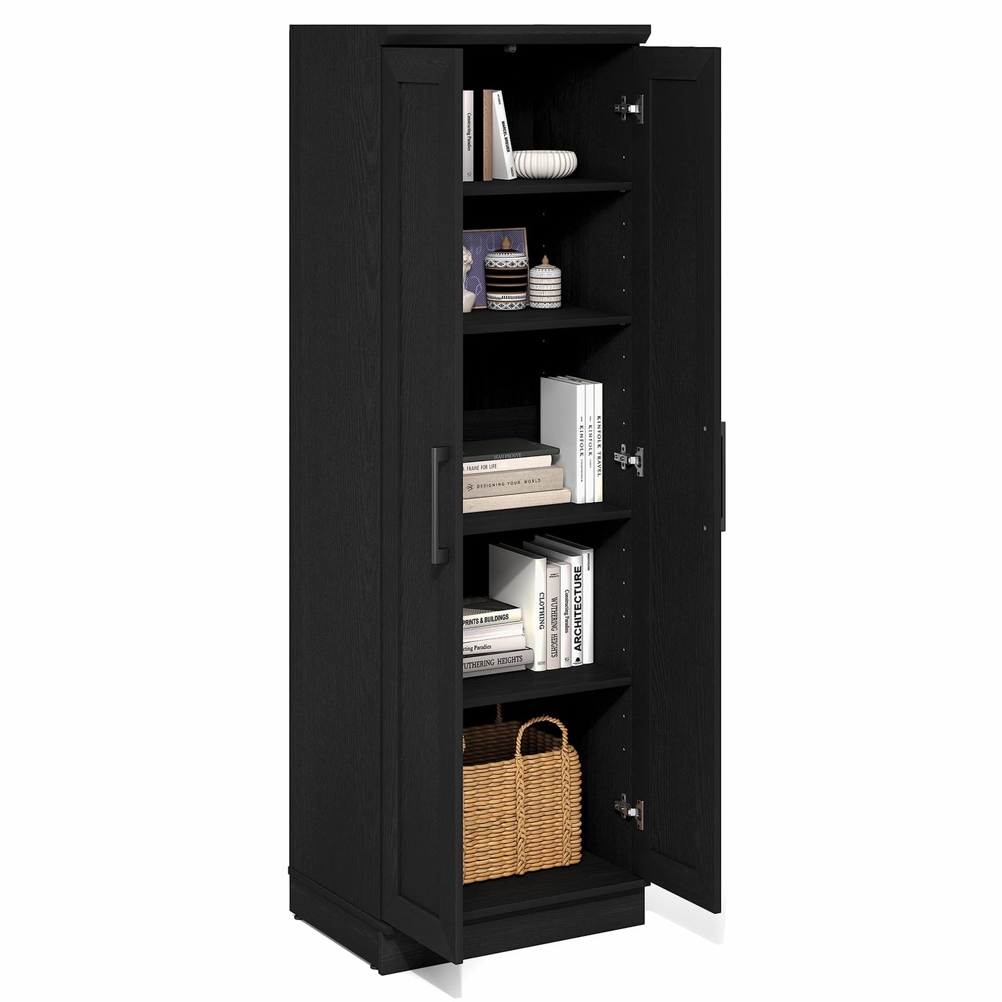 Furinno Robin Storage Cabinet, 5-Tier Pantry Cabinet with Adjustable Shelves, 23W with 2 Shaker-Doors, Kitchen Cabinet, Organization and Storage, for Pantry, Living Room, Home Office, Black Woodgrain