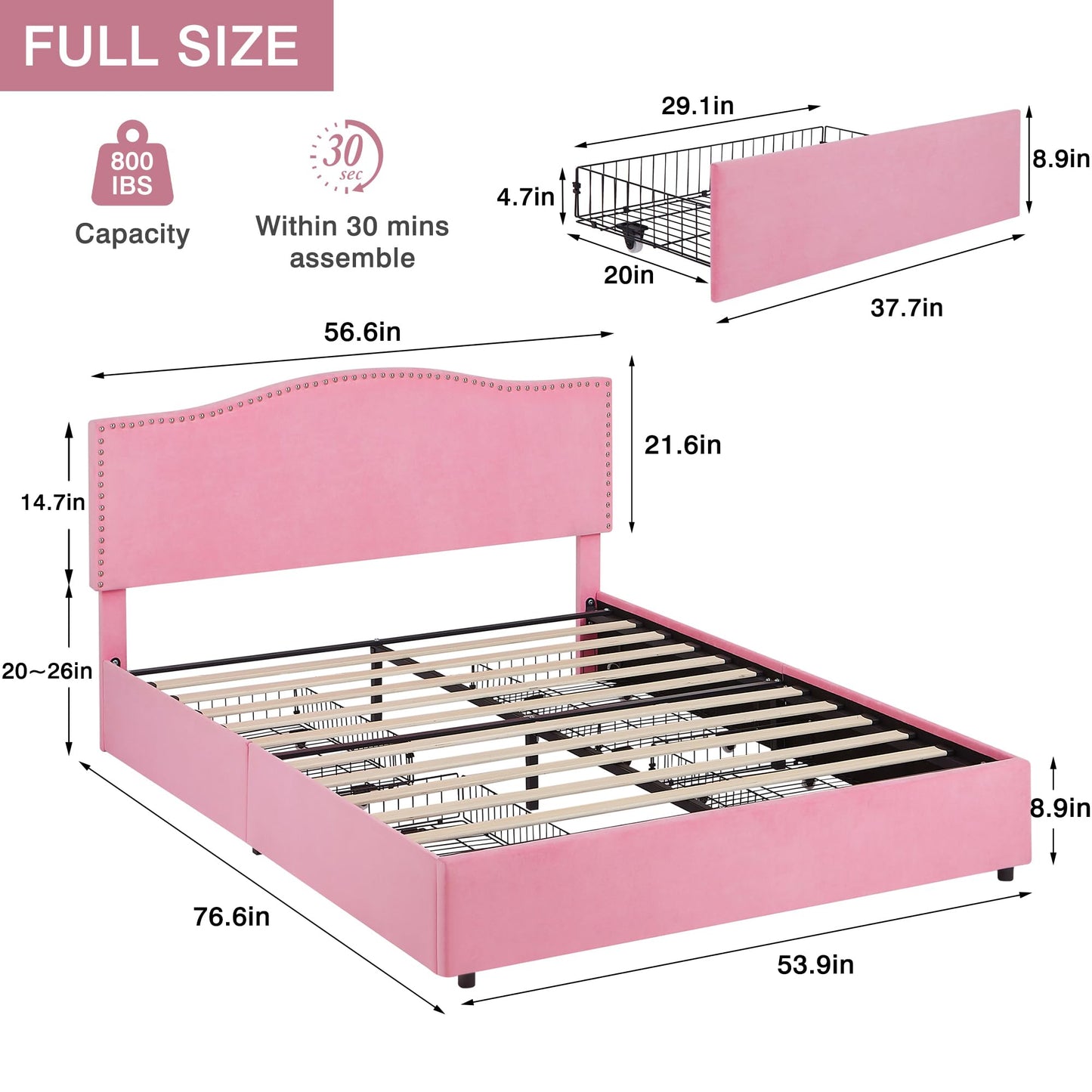 VECELO Queen Bed Frame Platform Bed Frame with Upholstered Headboard, 4 Storage Drawers, Strong Frame and Heavy-Duty Slats Support, Non-Slip and Noise-Free, Easy Assembly,Pink