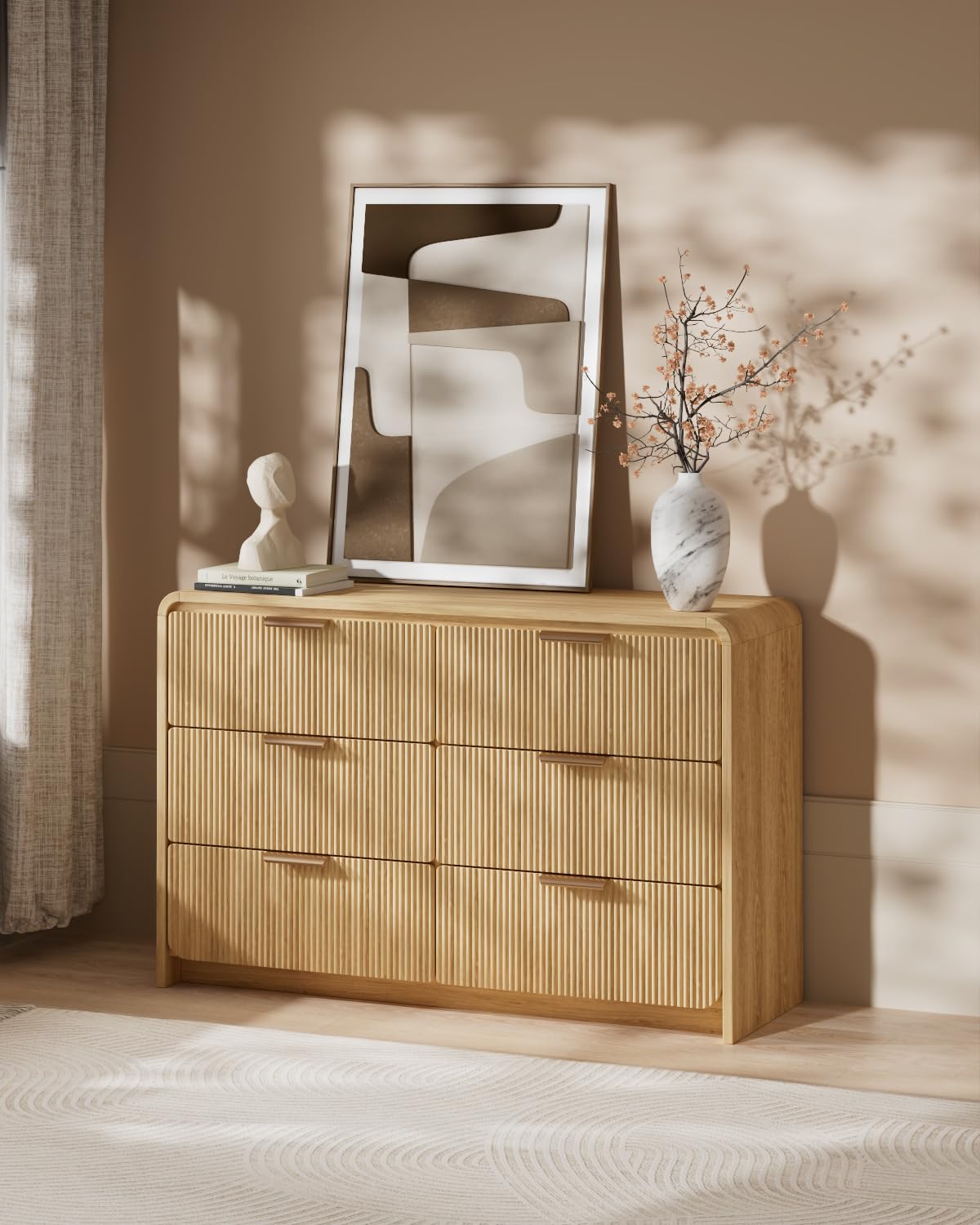 HOTALLOY Fluted 6 Drawer Dresser, 47” Wide Wooden Storage Chest with Rounded Curved Corners and Gold Handles, Natural Oak Wood Dresser for Bedroom, Living Room, Hallway