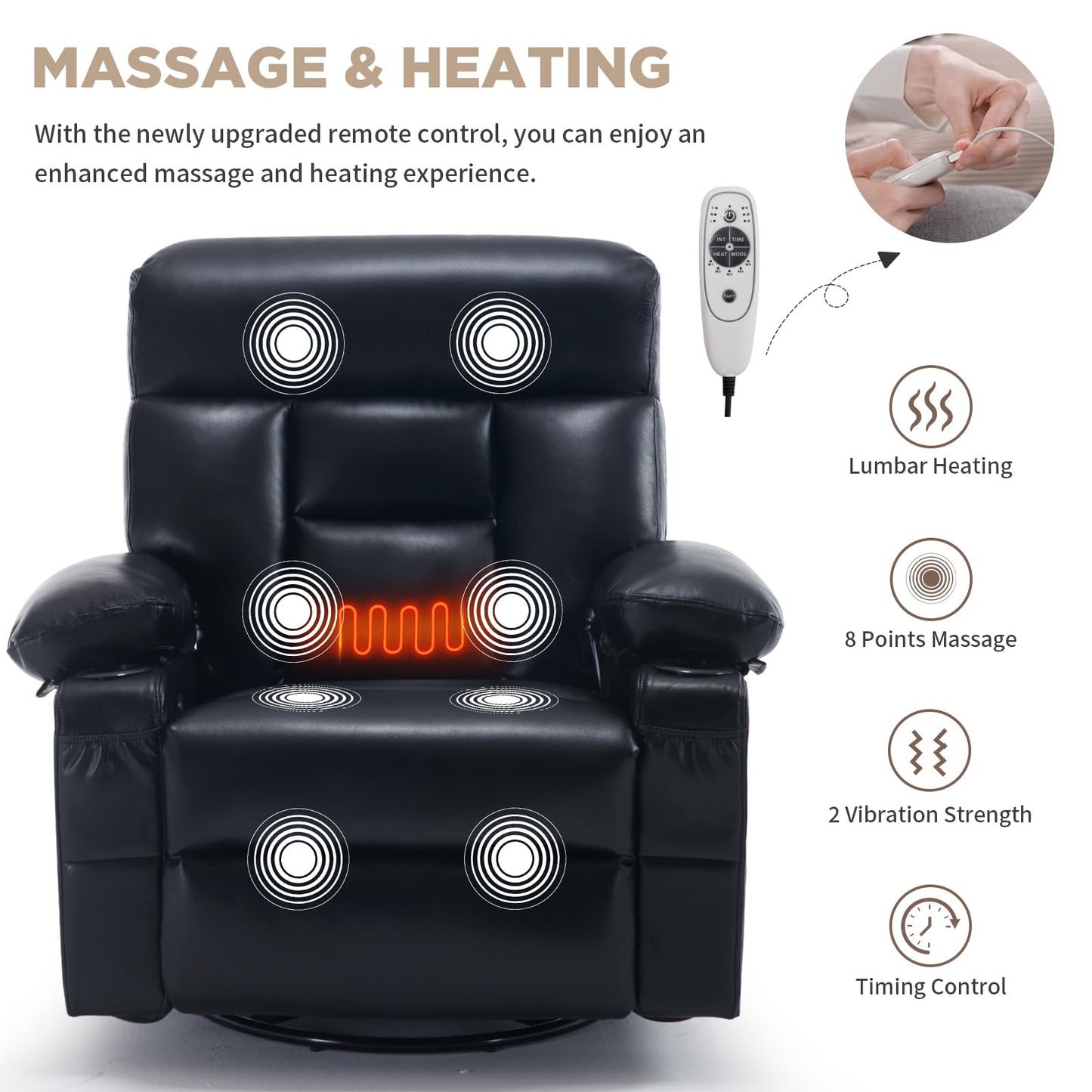 Comermax Rocker Recliner Chair with Heat and Massage, Wide Seat Heated Massaging Reclining Chair, Faux Leather Manual Swivel Rocking Recliners with Cup Holder, Black