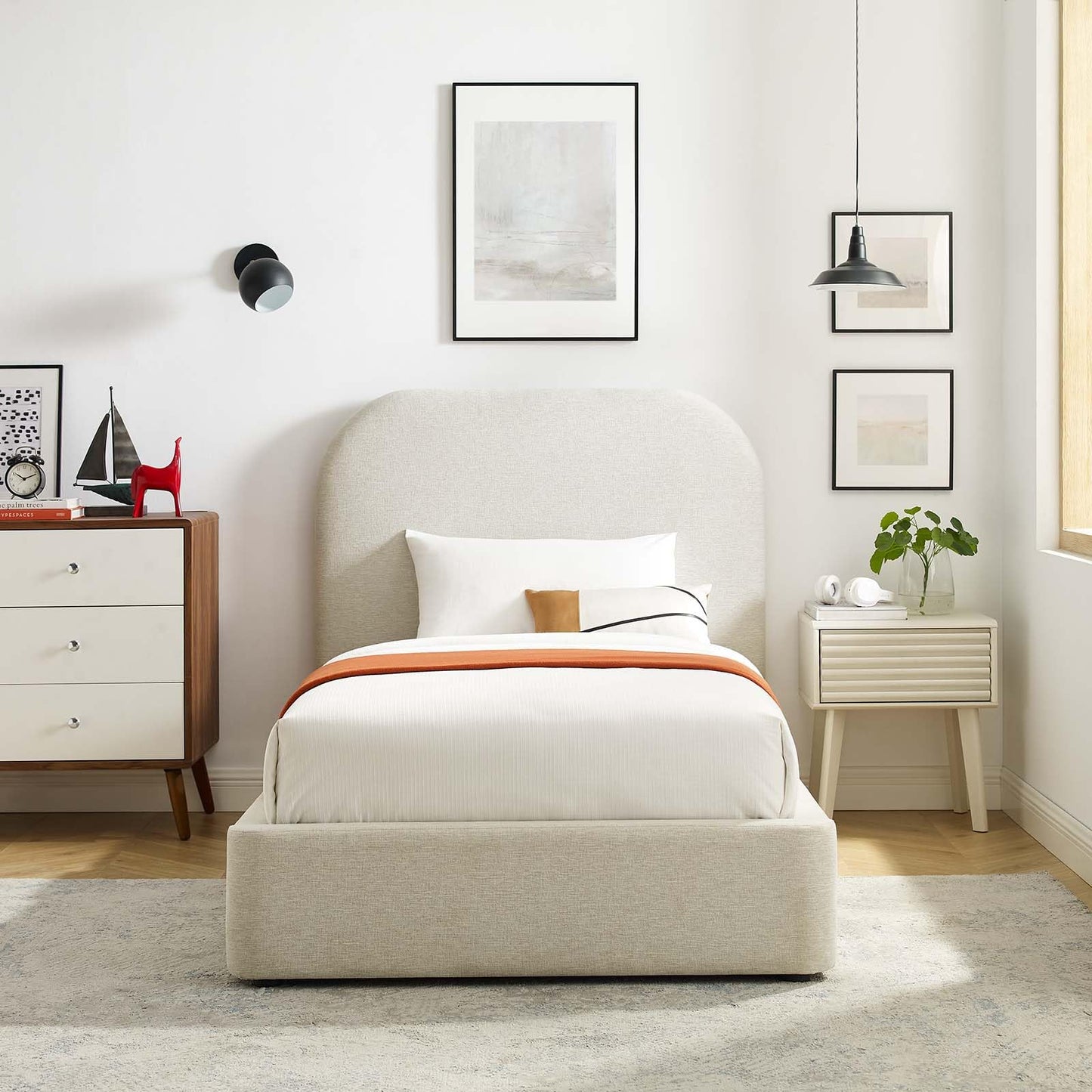 Modway Keynote Modern Bed Frame, Twin Size with Curve Shaped Headboard in Heathered Weave Ivory, Woven Heathered Fabric Upholstery, Twin Size Platform Bed, Soft Cloud Bed Frame, No Box Spring Needed
