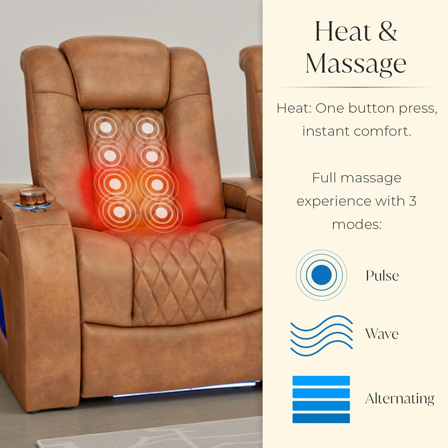 Seatcraft Virtuoso LT Zero-Gravity HeatZero Italian Leather Home Theater Seating, Heat & Massage, Power Headrest, Power Recline, Single Recliner, Tawny