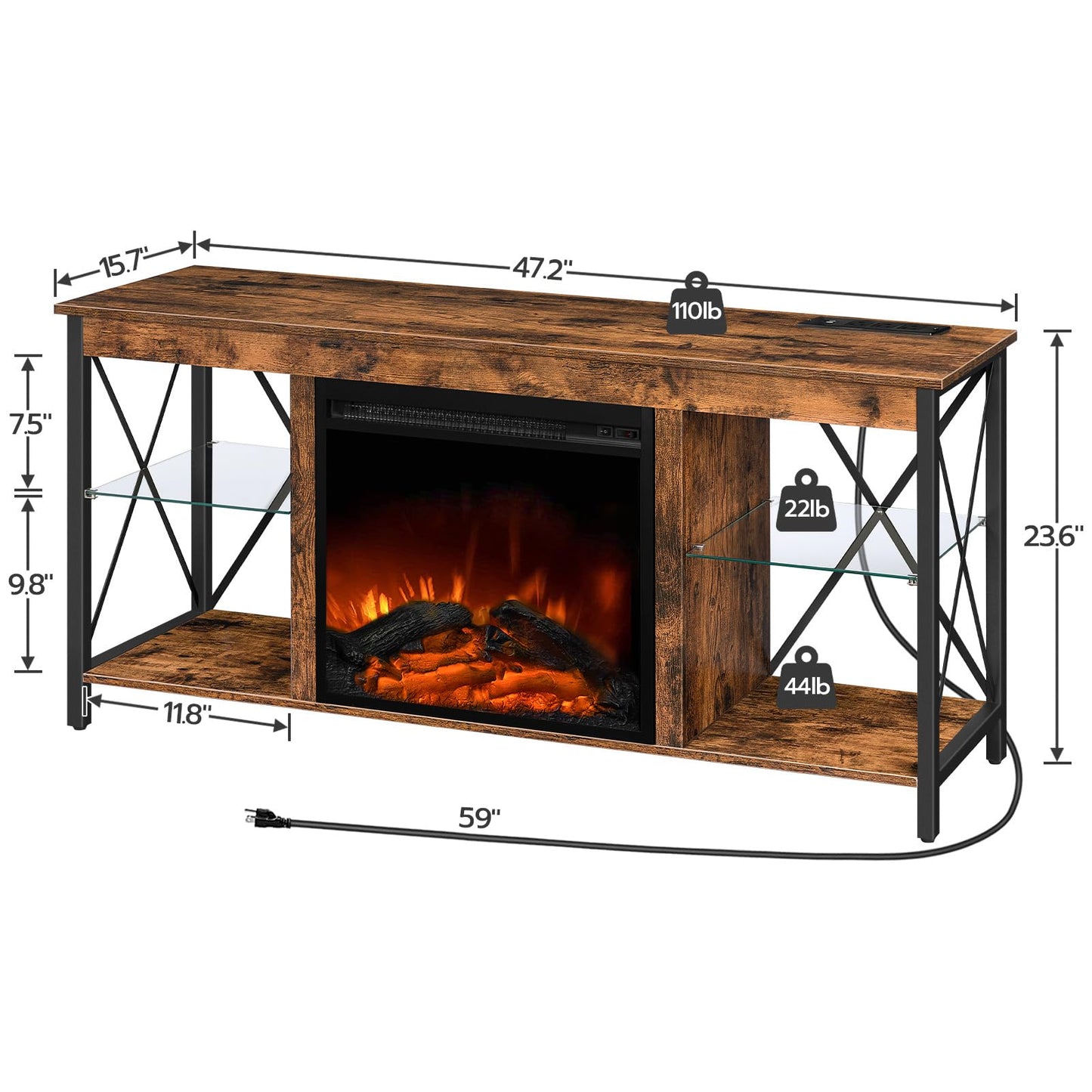 HOOBRO Fireplace TV Stand with Charging Station and LED Lights, TV Stand with Fireplace for TVs up to 55", Entertainment Center with Fireplace, Glass Shelves, Rustic Brown and Black BF120UDDS01