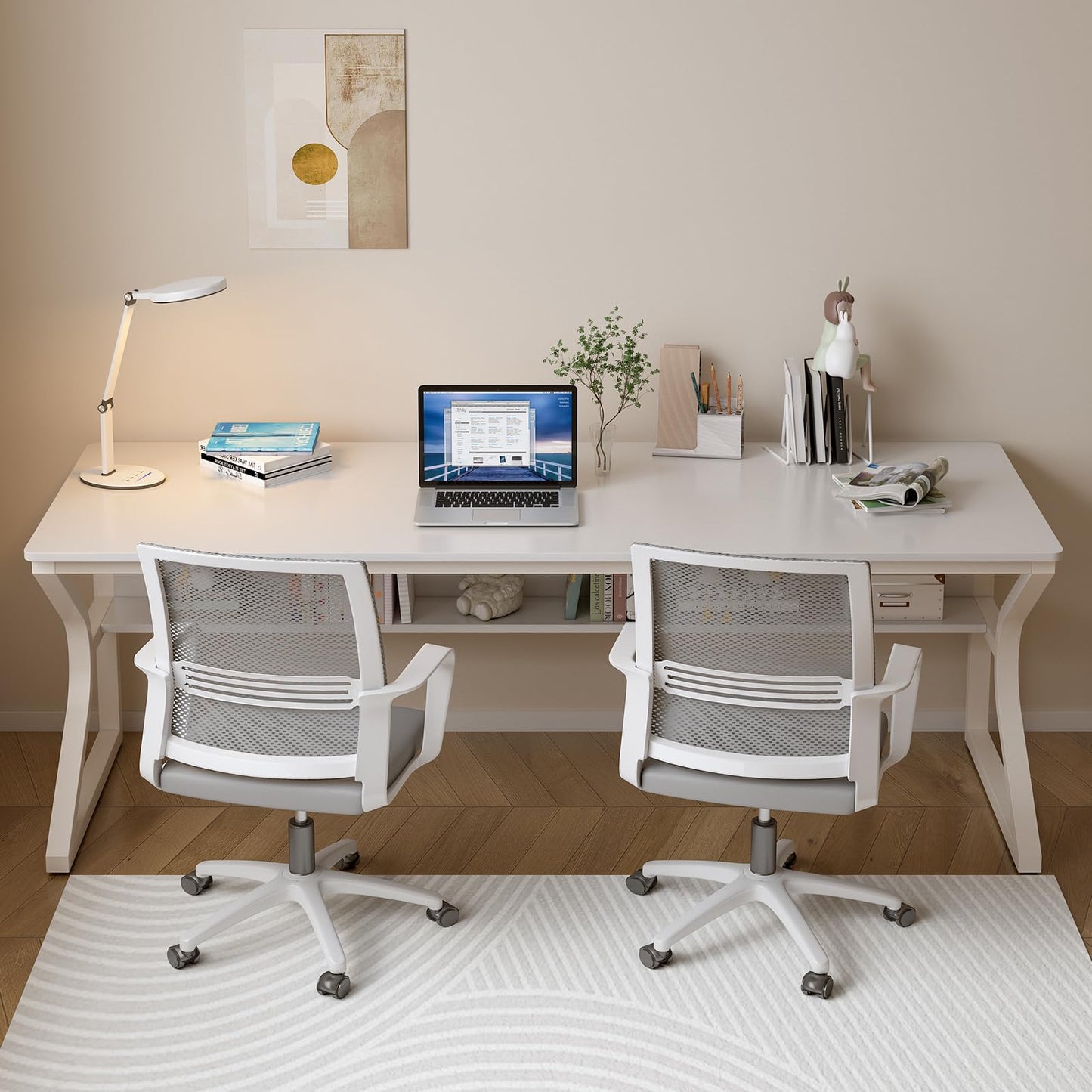 OSCHF Extra Long Desk with Bookshelf - 71" Double Long Writing Table for 2-Person Workstation, Modern Study Work Computer Desk for Home and Office, Warm White