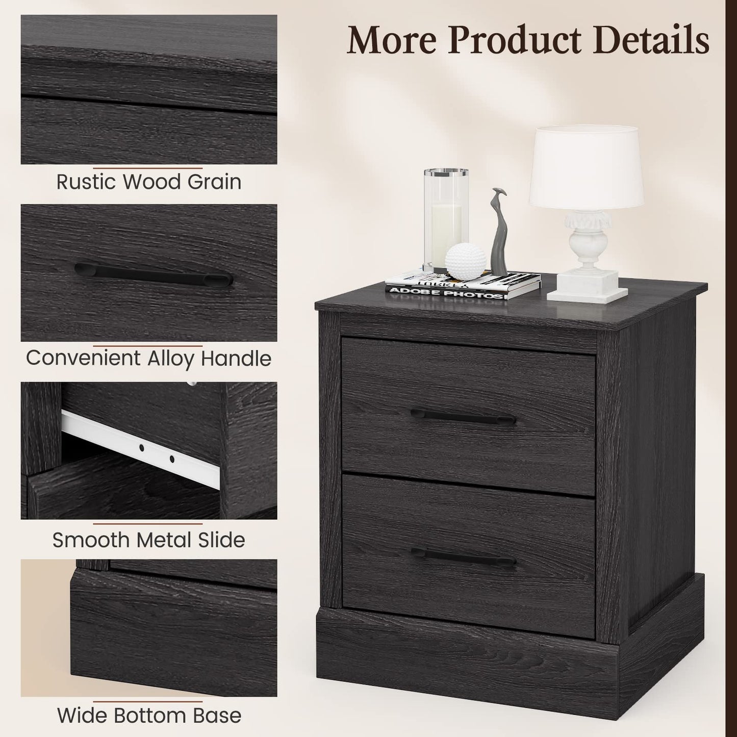 Giantex Farmhouse Nightstand Set of 2, Wood Bedside Table with 2 Storage Drawers, Compact Floor Night Stand End Table, Accent Sofa Side Table for Bedroom, Grey Oak