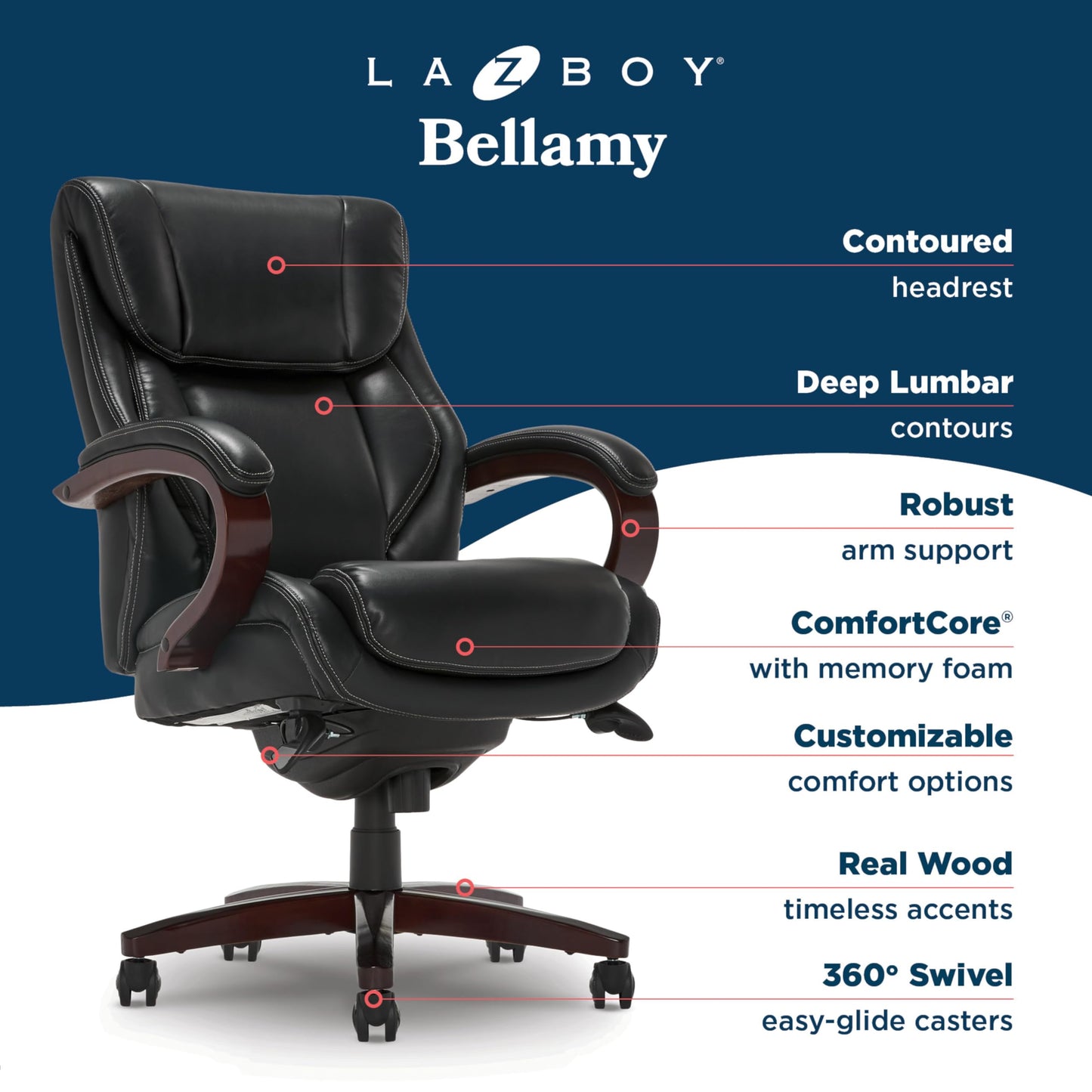 La-Z-Boy® Bellamy Executive Office Chair with Memory Foam Cushions, Real Wood Arms and Swivel Base, Waterfall Seat Edge, Faux Bonded Leather, Black