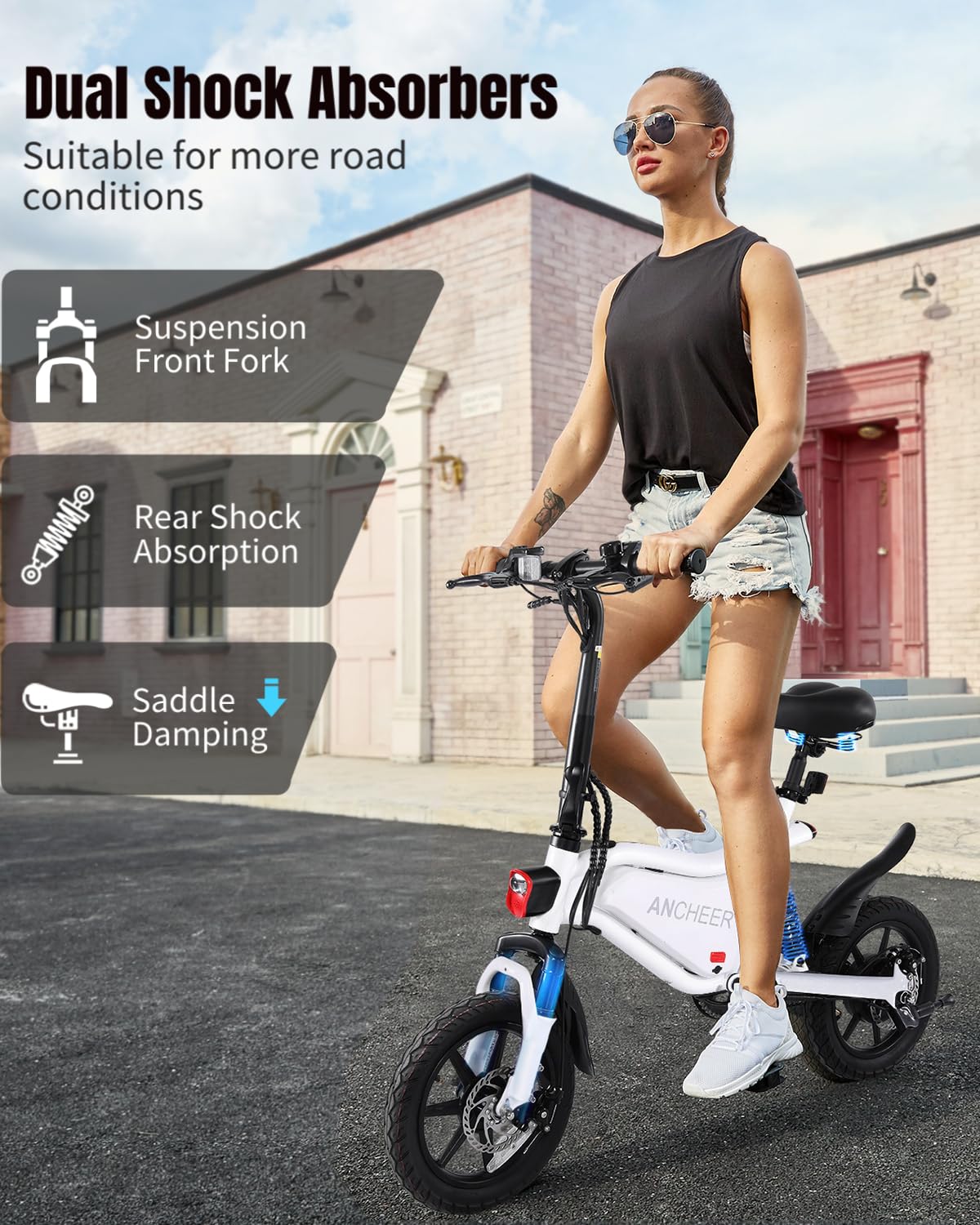 ANCHEER 14" Folding Electric Bike for Teens, 500W Max Motor, 19.8MPH City Ebike, Triple Shock Absorber, 48V 374Wh Battery, Brake Taillight,Cruise Control, Electric Bicycle for Adults, UL2849 Compliant
