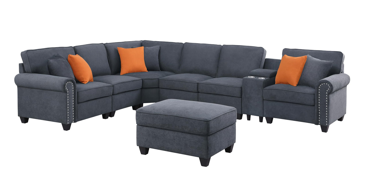 Ball & Cast 127" L-Shaped Sectional Couch with Movable Ottoman & Nailhead Trim Armrest,7 Seat Chenille Upholstered Sofa W/ 2 Cup Holder,USB Port&Hidden Storage Box,DIY Combination,for Living Room,Gray