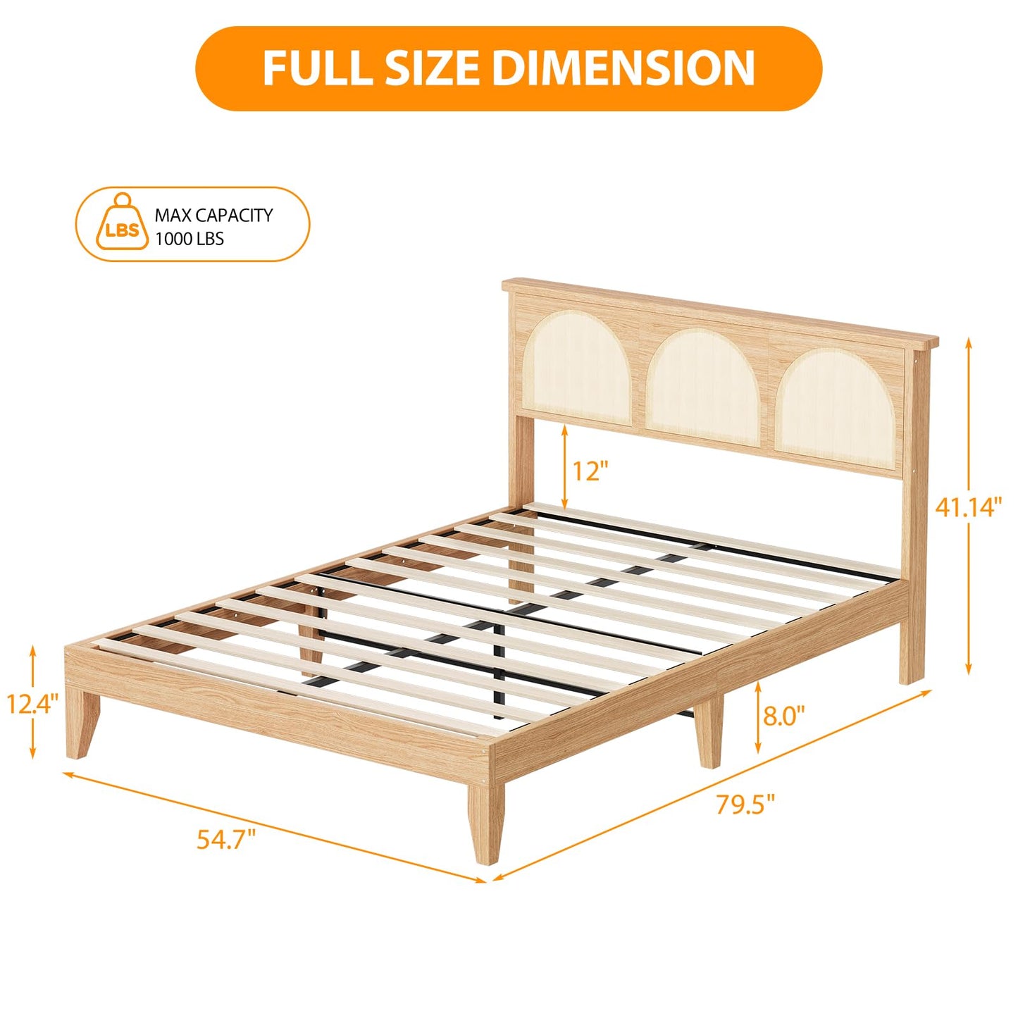 GarveeHome Boho Full Bed Frame, Solid Wood Bed with Natural Rattan Headboard & LED Lights, Wooden Platform Bed No Box Spring Needed, Storage Underneath, Sturdy Noise-Free Bed Frame, Easy Assembly