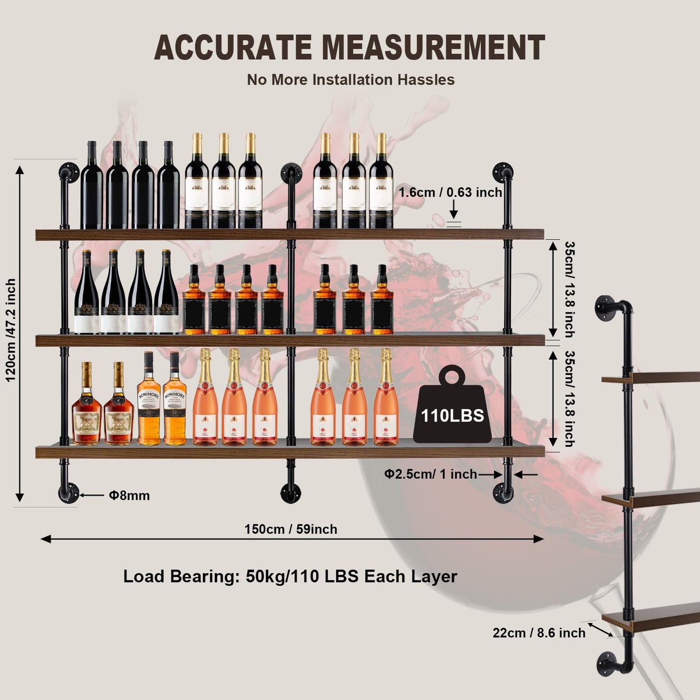 59-inch Modern Wall-Mounted Wine Rack with LED Lights, 3-Tier Liquor Bottle Bar Display Shelf, Industrial Wine Rack Floating Bar Shelf, Multifunctional Wine Storage Rack for Home Bar, Kitchen, Cafe