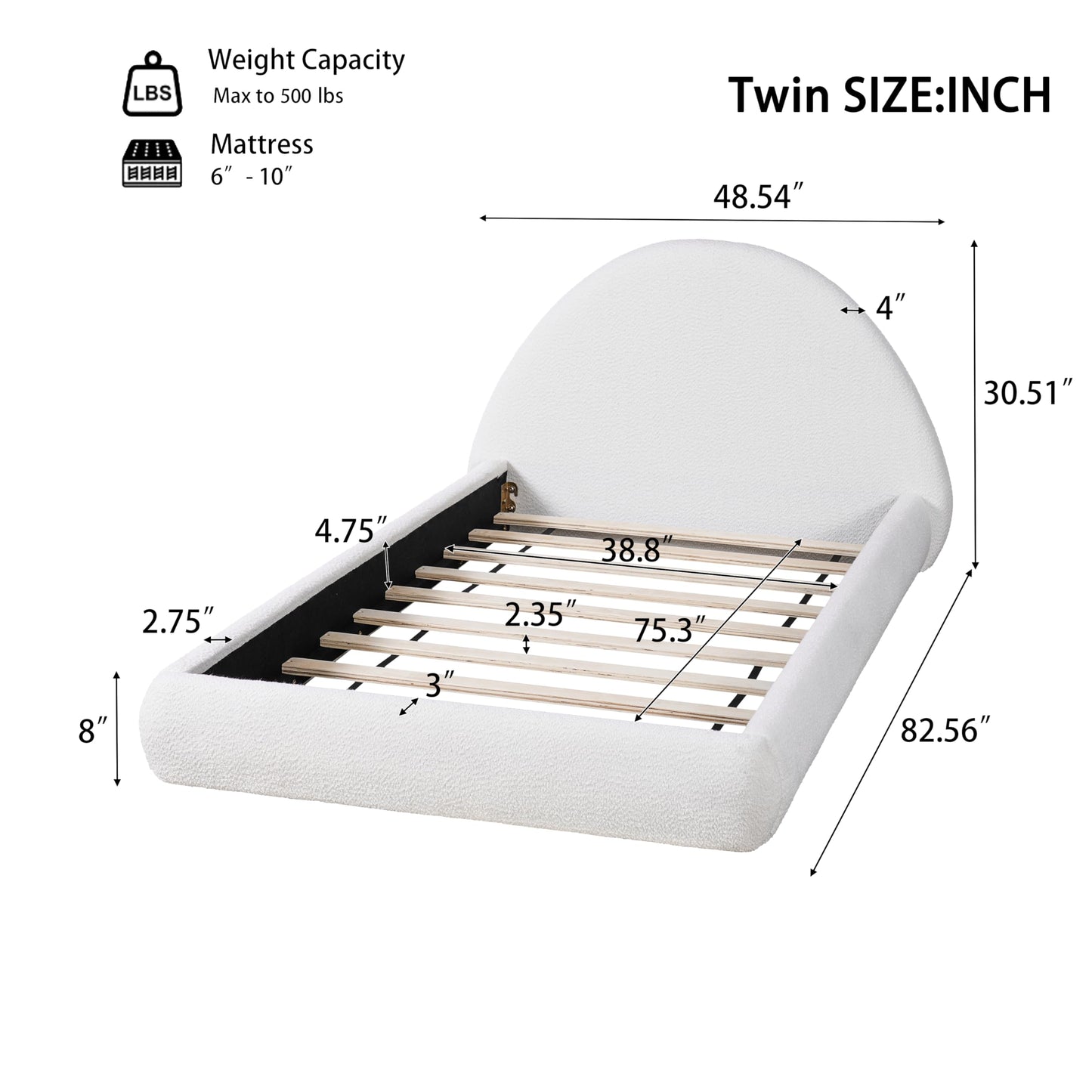 Christopher Knight Home Nielda Boucle Upholstered Twin Size Bed Frame with Headboard, Modern Twin Bed Frame and Headboard, Wooden Slats Support, Easy Assembly, No Box Spring Needed, White