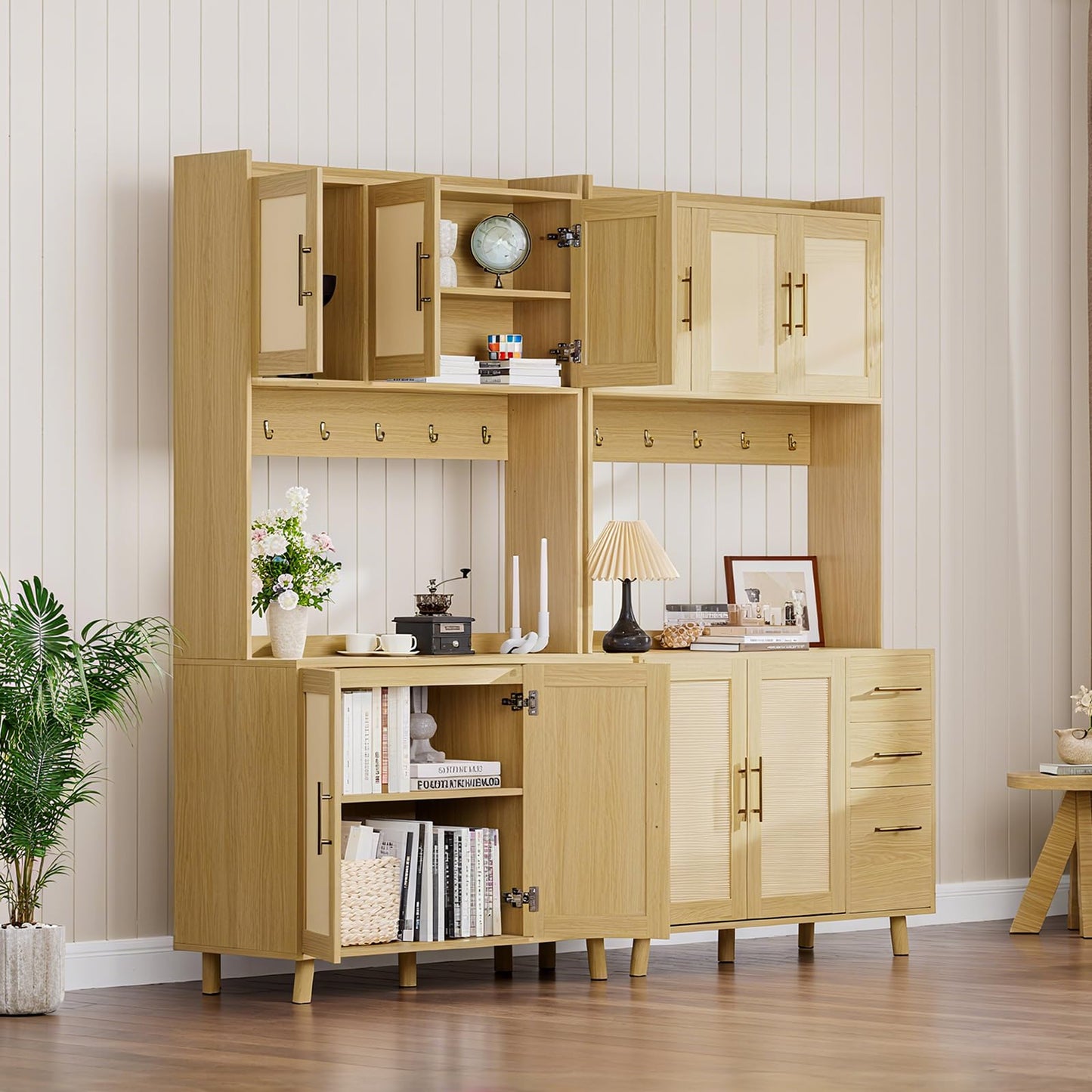 71" Tall Kitchen Pantry Cabinet with Storage, Freestanding Hutch Sideboard Buffet Cabinet with Rattan Door, 3 Drawers, 6 Hooks, Adjustable Shelves, Microwave Stand Countertop for Living Room