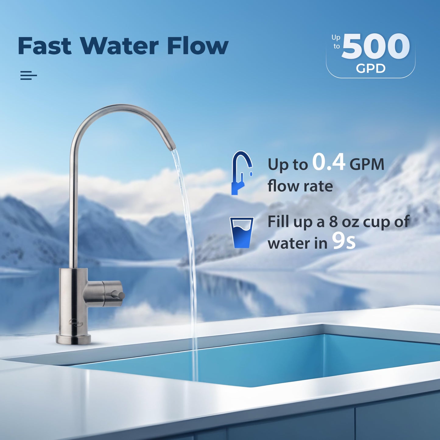 iSpring RO500AK-BN Reverse Osmosis Water Filter, NSF 58 Certified, 500 GPD Tankless Under Sink RO System, Natural pH Alkaline Remineralization, 2:1 Pure to Drain Ratio, Brushed Nickel Faucet