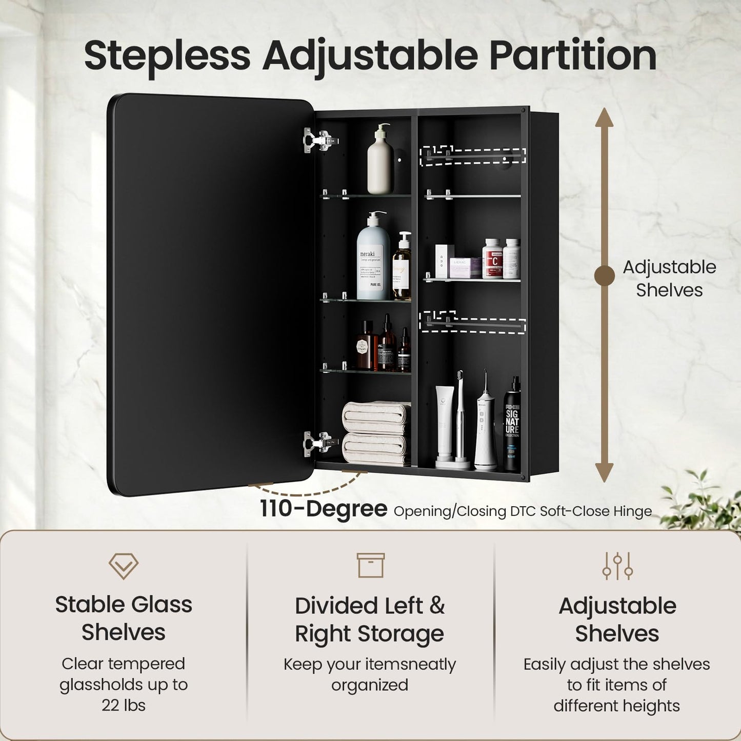 GoTiling Bathroom Medicine Cabinet with Mirror, 20x30 Inch Recessed or Surface Mount Wall Organizer, Fits Tall Bottles, 6 Adjustable Glass Shelves, Soft Close DTC Hinges, Matte Black, Pre-Assembled