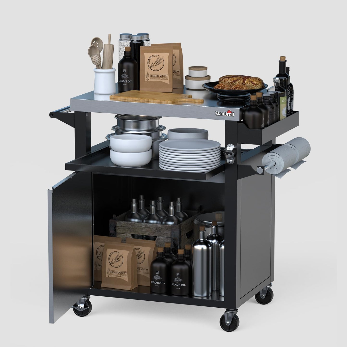 Stanbroil Rolling Grill Table Cart with Storage Cabinet, 3-Shelf Movable Prep Table Outdoor Bar, Multifunctional Grill Cart with Stainless Steel Tabletop, Paper Towel Holder