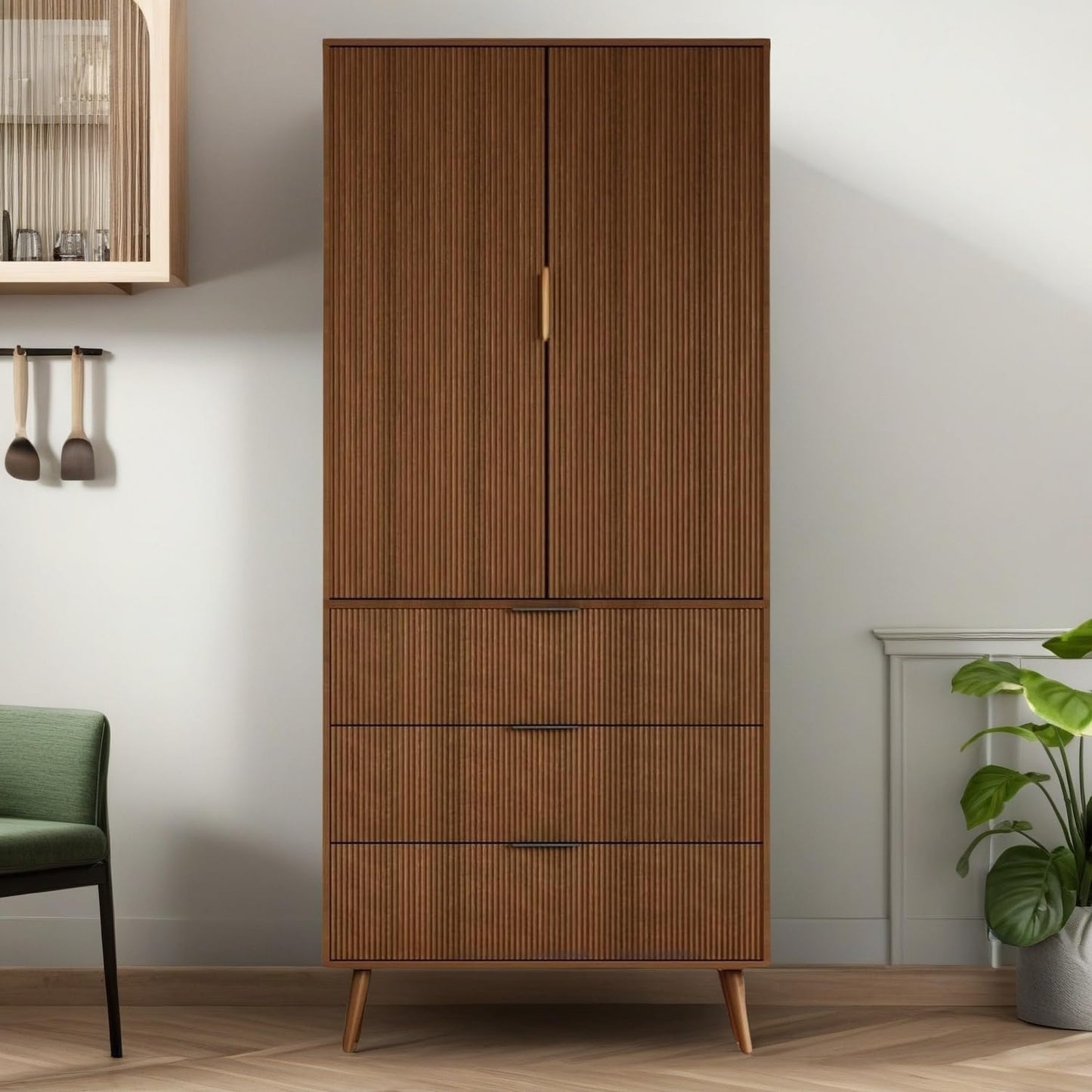 Trygoal Tall Storage Cabinet, Kitchen Pantry Cabinet with Adjustable Shelves & Fluted Panel Design, Wood Cupboard with 3 Drawers 2 Doors, Tall Home Cupboard for Living Room, Kitchen, Walnut