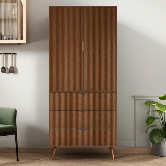 Trygoal Tall Storage Cabinet, Kitchen Pantry Cabinet with Adjustable Shelves & Fluted Panel Design, Wood Cupboard with 3 Drawers 2 Doors, Tall Home Cupboard for Living Room, Kitchen, Walnut