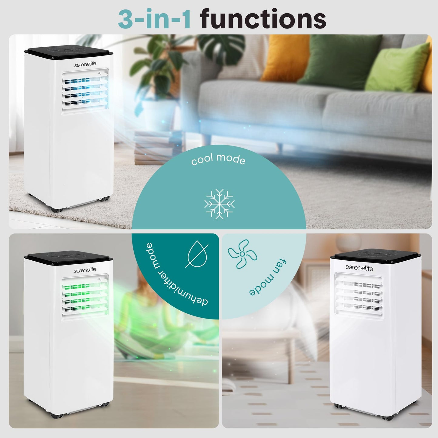 SereneLife 8000 BTU Portable Air Conditioner, Compact 3-in-1 Portable AC for Room Up to 350 Sq Ft with Dehumidifier & Fan Function, Remote Control, Window Mount Kit, Single Duct, 13" x 11" x 26"