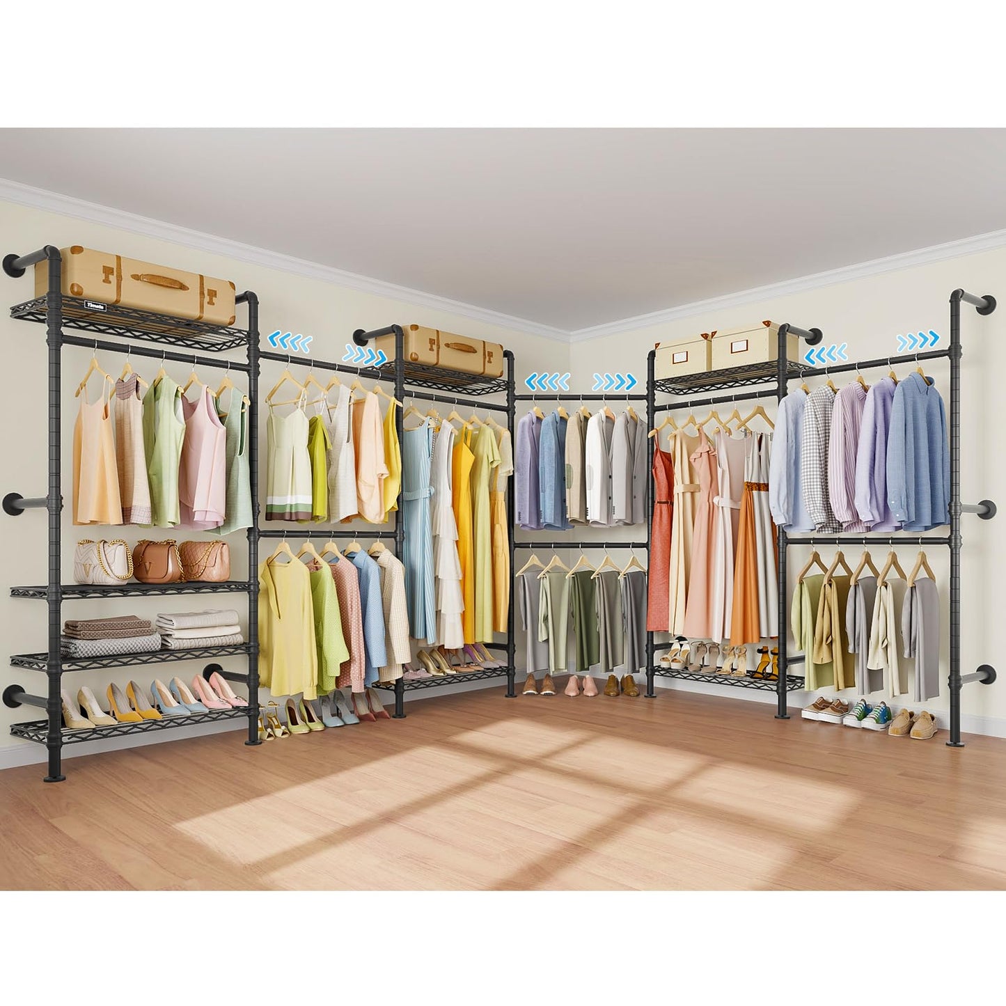 Timate L6 Closet Rack Wall Mount for Corner - Expandable Industrial Pipe Closet , Heavy Duty Hanging Garment Rack, Closet Organizer Storage Solution for Wardrobe, Bedroom, Walk-in Closets, Black