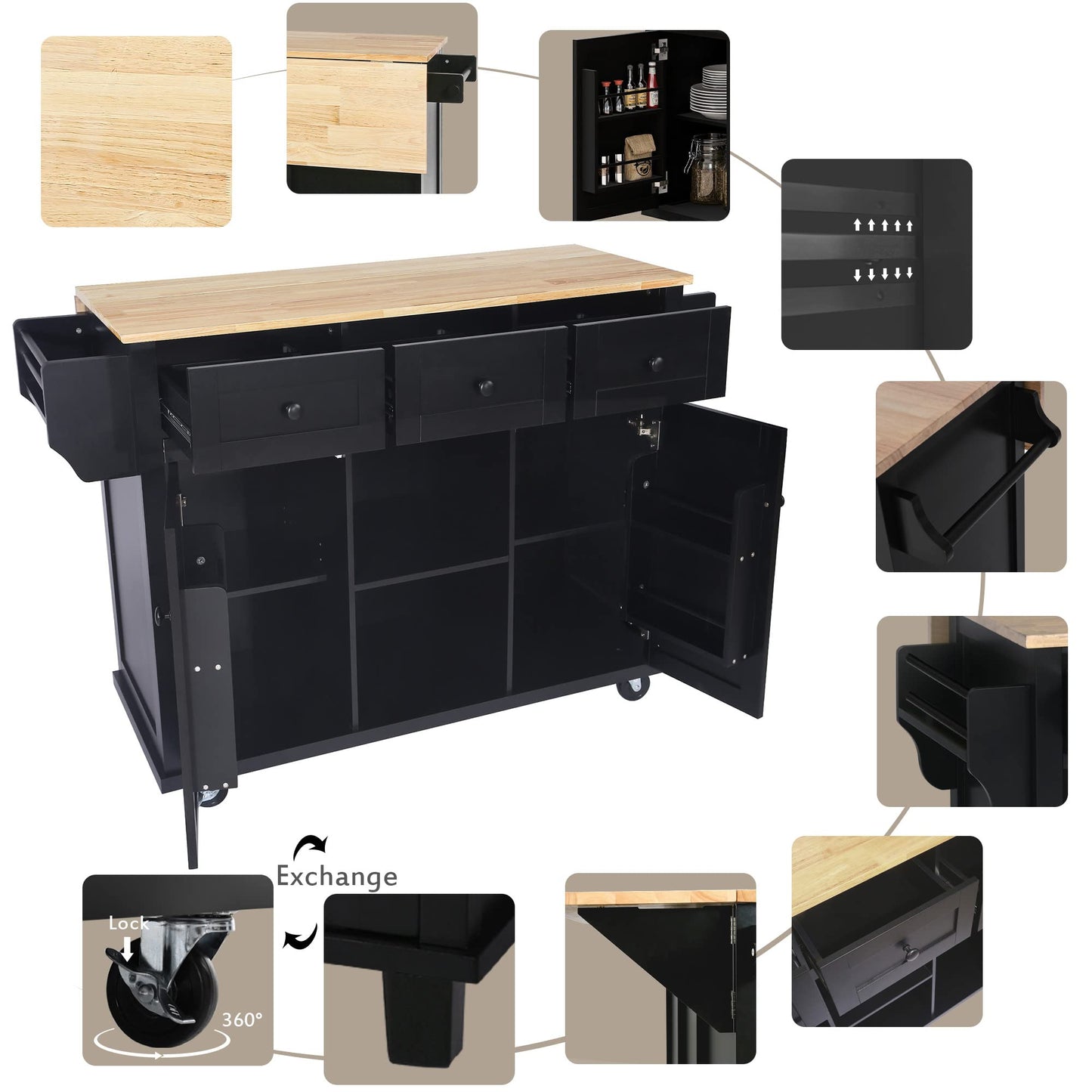 Merax Rolling Mobile Kitchen Island Cart Breakfast Bar with Wood Top, Door Internal Storage Racks, 3 Drawers and 5 Wheels for Dining Room