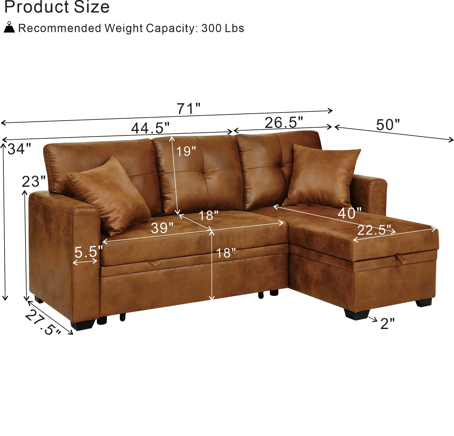 Eafurn Faux Leather Tufted Convertible Sleeper Sectional Sofa Bed, 3 Seater L Shaped Reversible Pull Out Sectional Couch Bed with Chaise Lounge and Storage for Living Room Corner