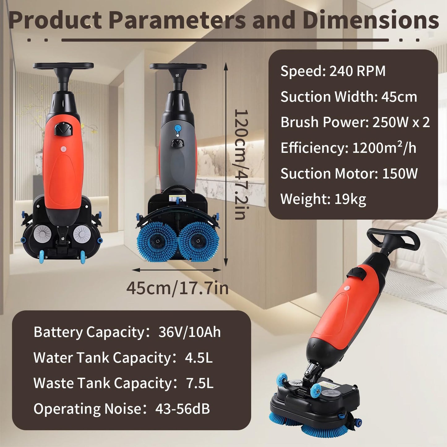 LADECNERHT Battery Powered Walk Behind Mini Automatic Floor Scrubber Machine, 17” Cleaning Width, 90 Minute Runtime, 240 RPM, for Small Commercial Spaces, Offices, Retail & More