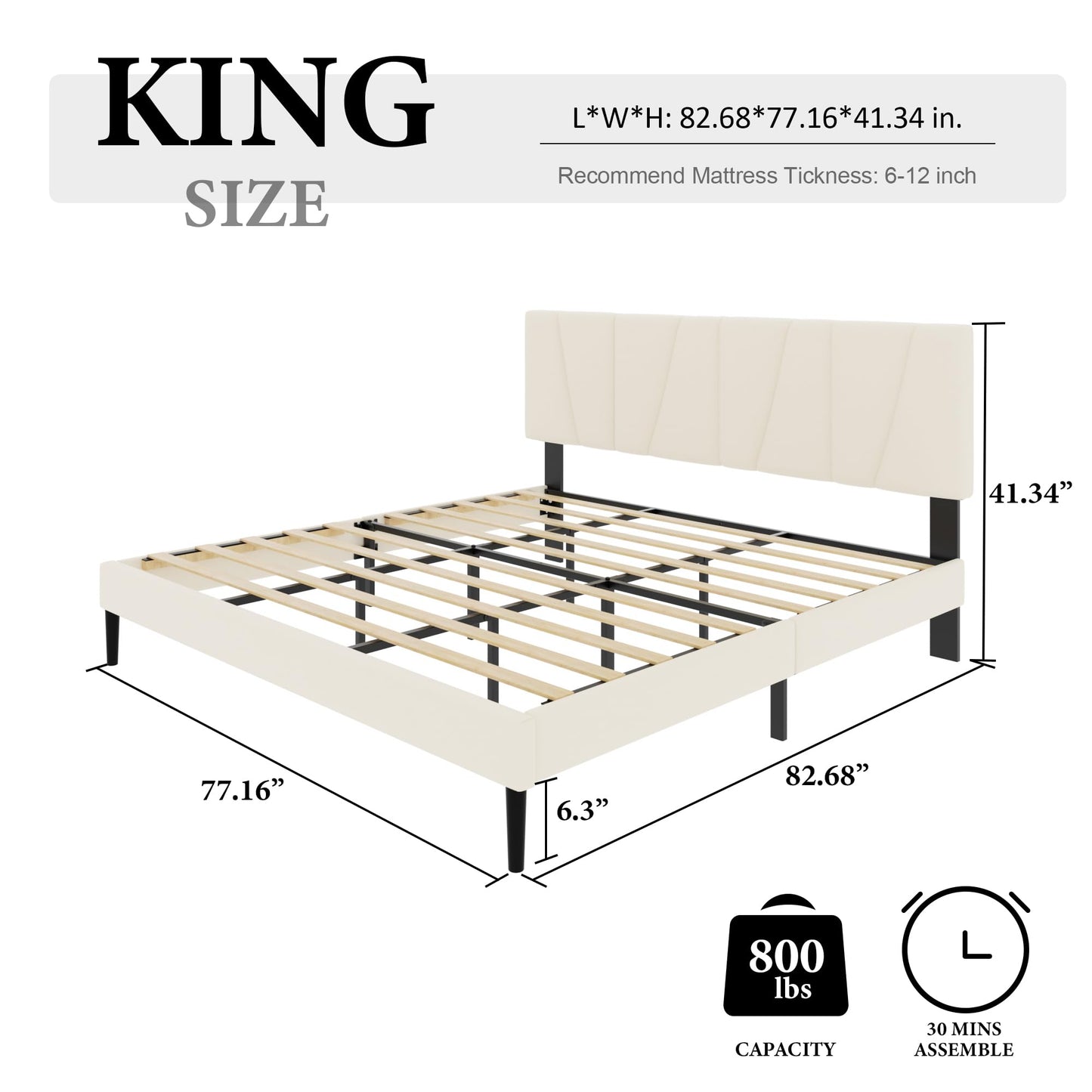 HAOARA King Size Bed Frame with Fabric Upholstered Headboard, Platform Bed with Wooden Slats Support, Fully Mattress Foundation, Box Spring Optional, Easy Assembly