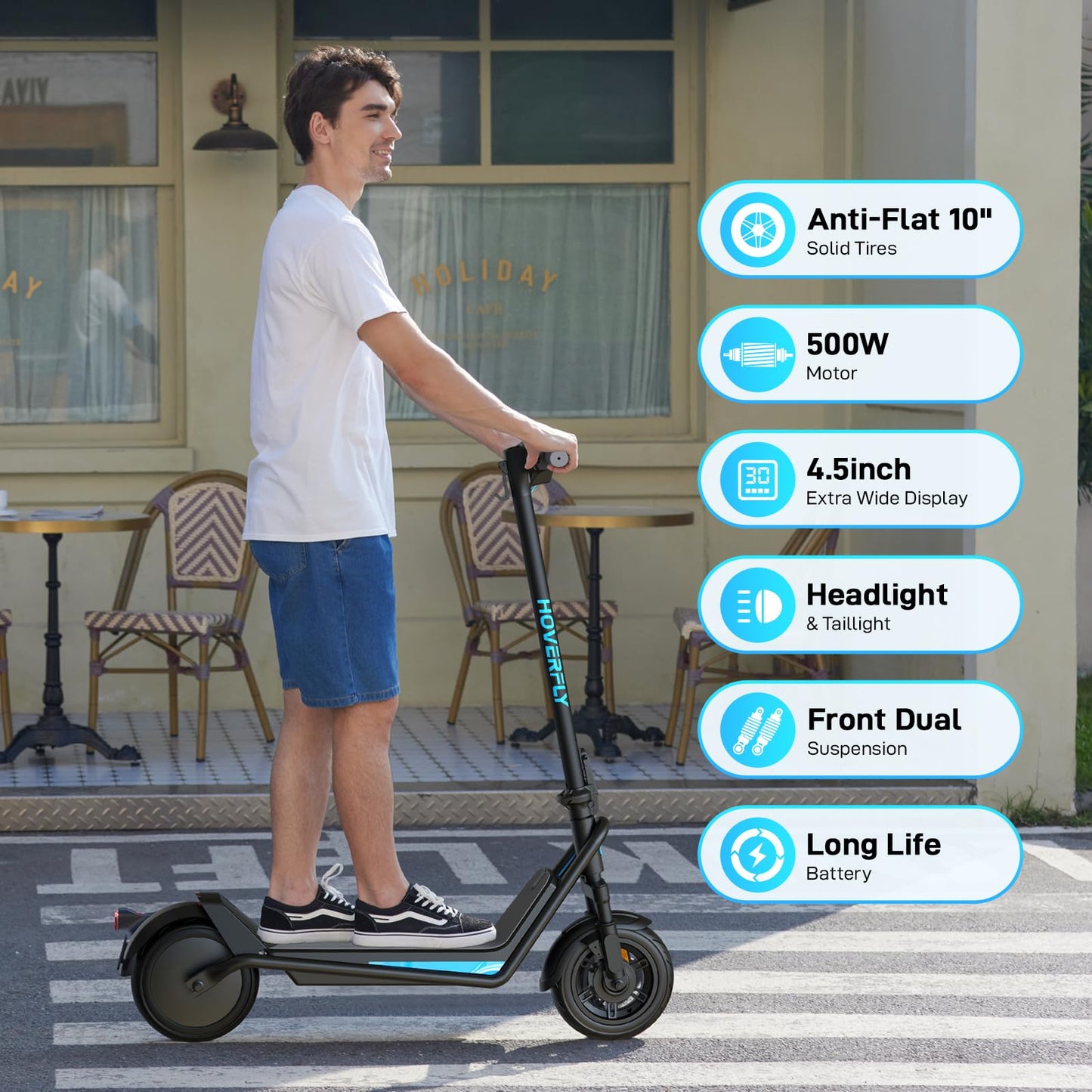 HOVERFLY X3 Electric Scooter for Adults, 10" Solid Tire, Max 18 Mile Range and 20Mph Speed, 500W Motor, with Front Dual Suspension Electric Code Lock, UL2272 Certified Foldable Commuting Escooter