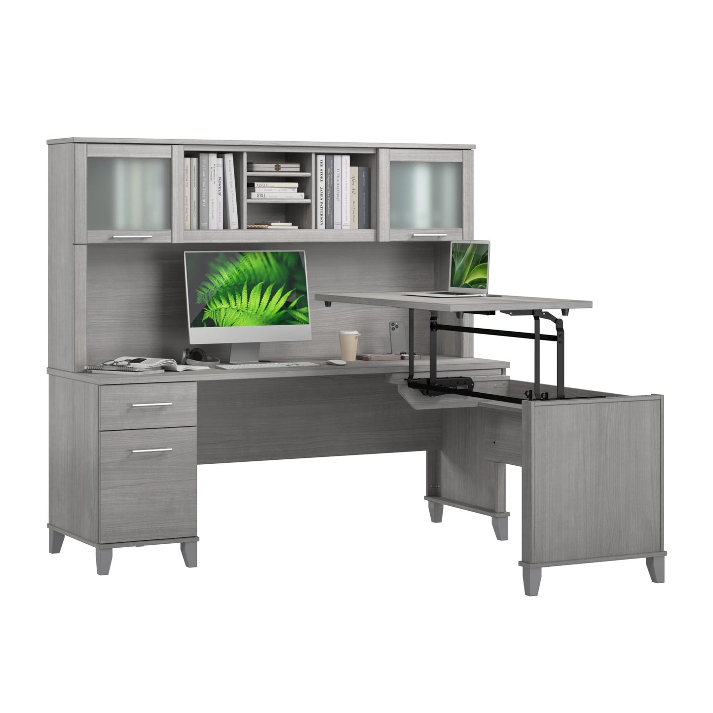 Bush Home 72-Inch L-Shaped Sit to Stand Desk with Hutch, Adjustable Height Standing Corner Computer Desk with Drawers, Shelves and Storage Cabinet, Home Office, Somerset Collection, Platinum Gray