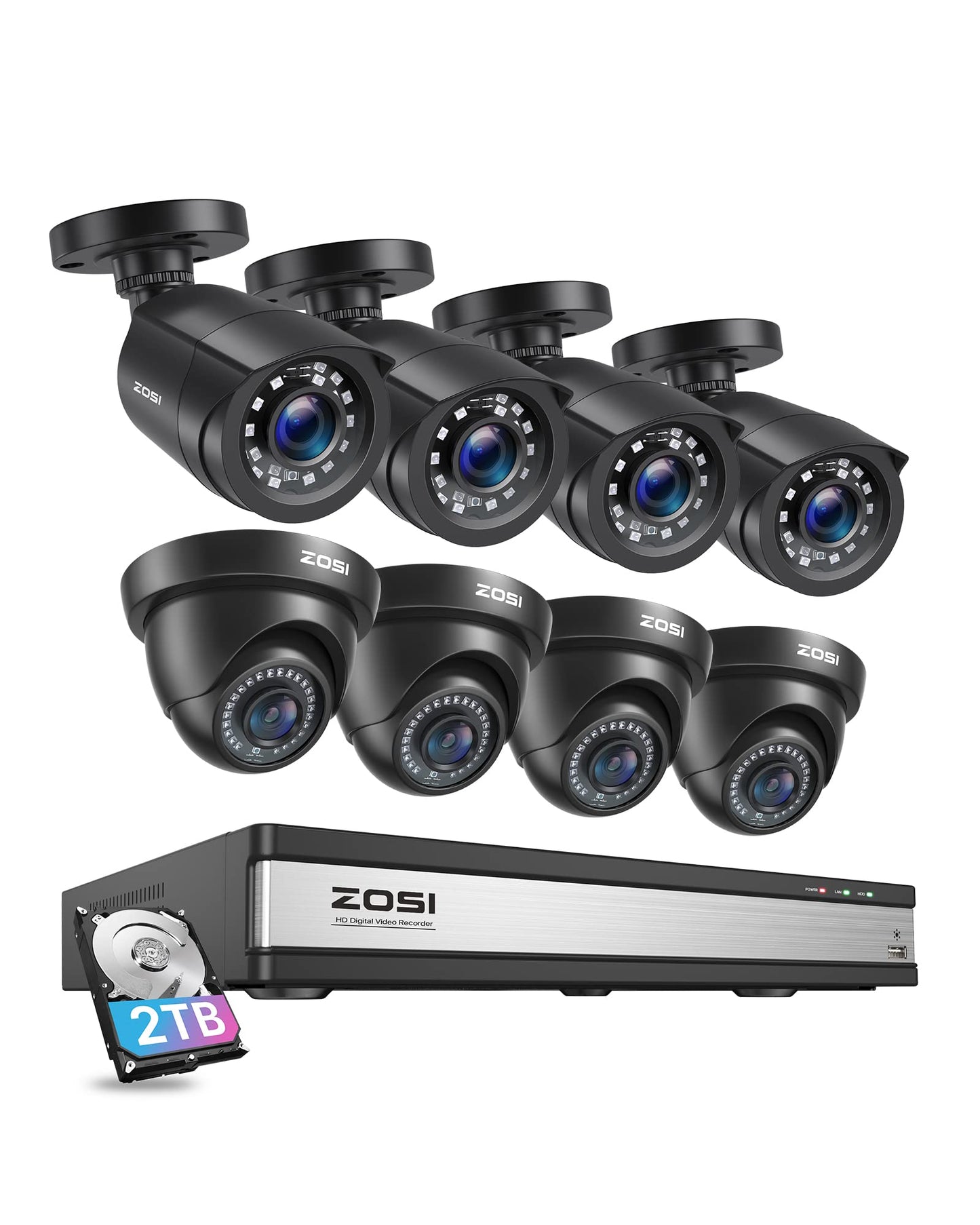 ZOSI 16CH H.265+ 1080P Home Security Camera System with AI Human/Vehicle Detection,8pcs 2.0MP Indoor Outdoor CCTV Bullet Dome Cameras,80ft Night Vision,16 Channel DVR with 2TB HDD for 24/7 Recording