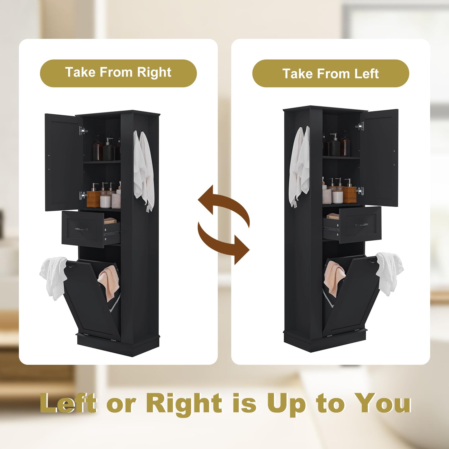 Tall Cabinet Linen Tower with Door and Drawer, Multi-Functional Bathroom Storage Organizer with Laundry Hamper, Left or Right Orientation, Soft-Closing Door, Black